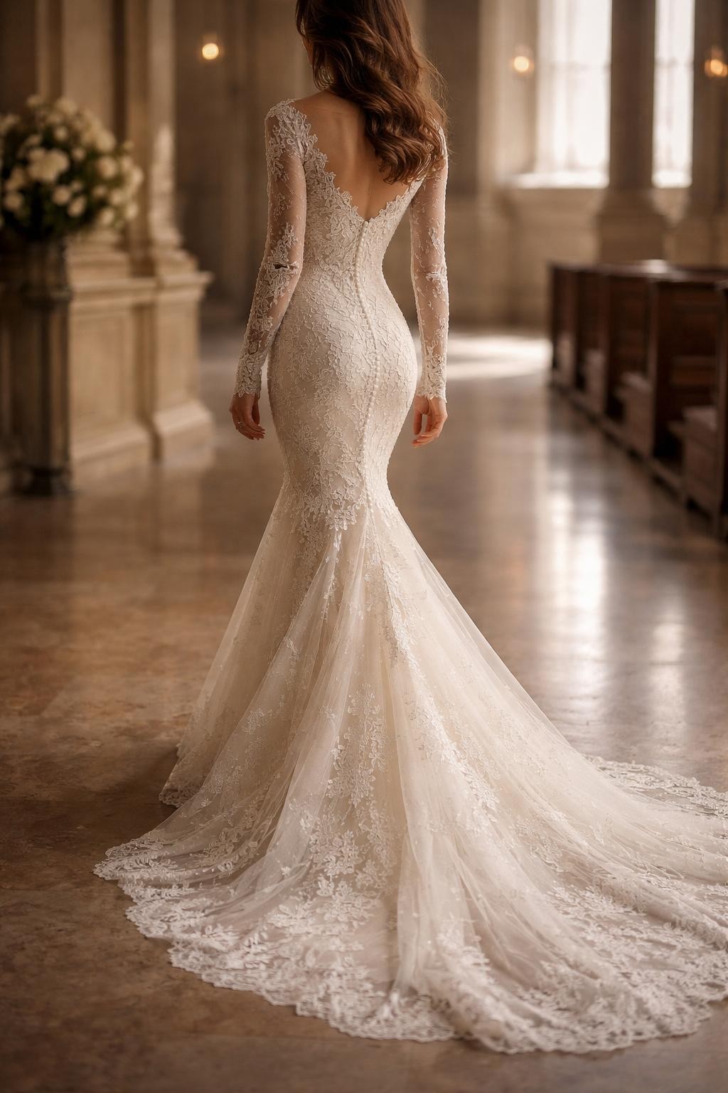 Image Prompt: A high-end bridal editorial photo of a long sleeve lace mermaid wedding dress in a softly lit church aisle or luxury bridal studio. Show the bride from the neck down only, or from a back three-quarter angle so the face is fully hidden. The gown has delicate floral lace, fitted long sleeves, a shaped bodice, a defined mermaid silhouette, and a soft flared hem with a graceful train. Use natural light, realistic lace texture, polished luxury bridal magazine styling, elegant posture, no visible face, no text, no watermark. (no watermarks on images)