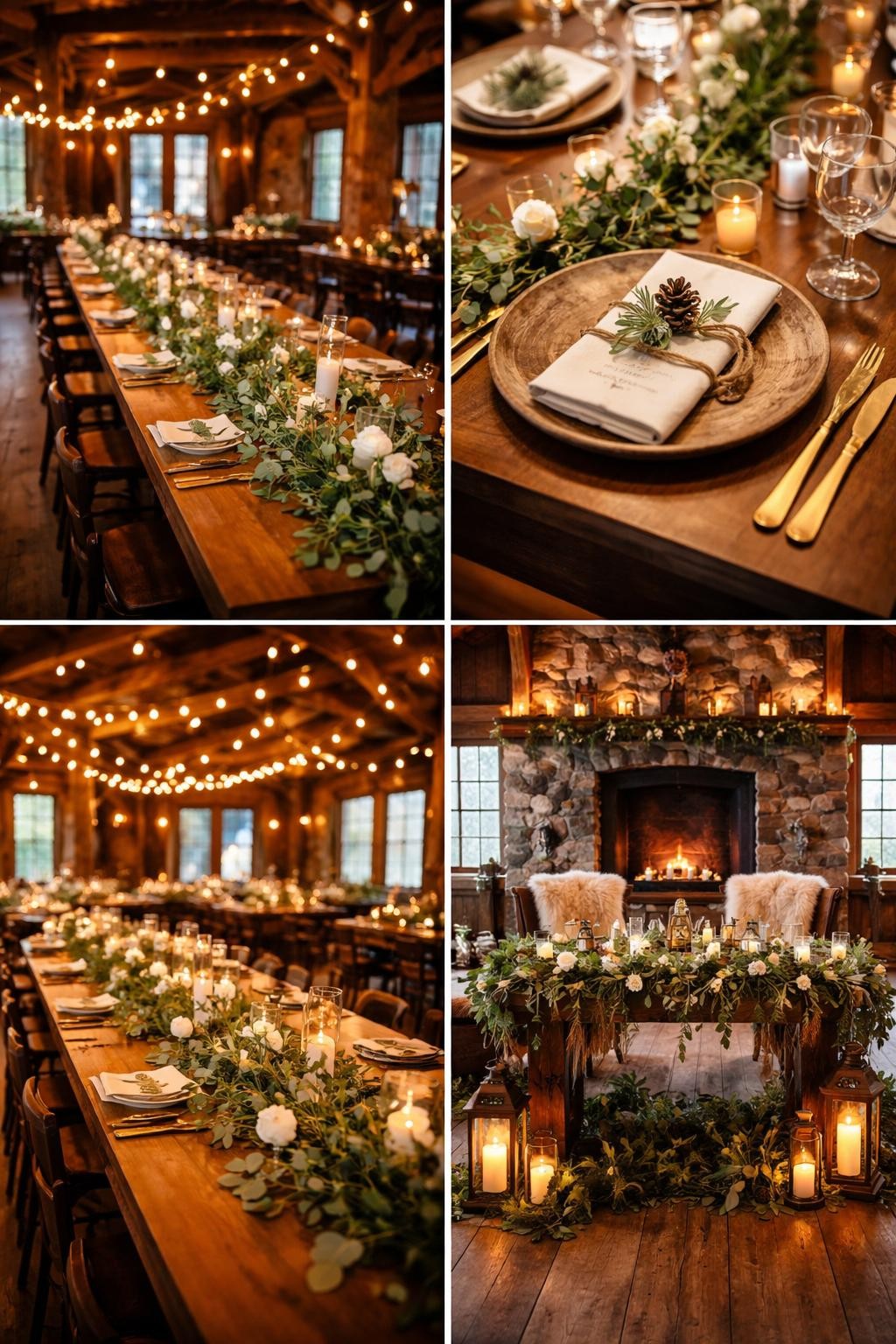 Image Prompt: A professional 4-grid wedding decor collage showing Rocky Mountain lodge wedding reception tables, top-left image featuring long wooden tables inside a lodge with greenery runners, candles, and white flowers, top-right image showing close-up wood chargers, linen napkins, and pinecone details, bottom-left image showing warm string lights above the reception space, bottom-right image showing a sweetheart table with mountain lodge styling, cozy rustic wedding decor, no people, no faces, no watermarks on images.