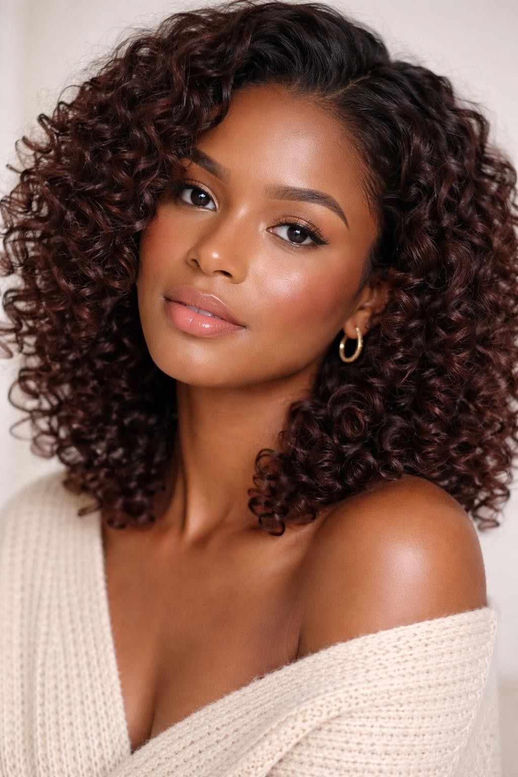 Image Prompt: A beautiful woman with shoulder-length mahogany brown curls, warm red-brown hair color with soft violet depth, defined spiral curls with healthy volume, medium-deep brown skin, natural glowing makeup, glossy nude lips, small gold hoops, cream knit top, clean neutral studio background, soft diffused lighting, close-up beauty editorial portrait, realistic DSLR photo, crisp curl texture and rich mahogany color, no text, (no watermarks on images)