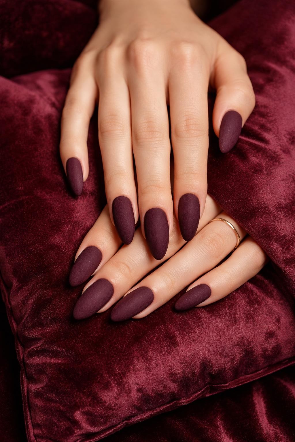 Image Prompt: Close-up, top-down view of hands with almond nails resting on a burgundy velvet pillow. The nails are a deep wine-purple with a textured, suede-like matte finish. The lighting shows off the plush, non-reflective texture.