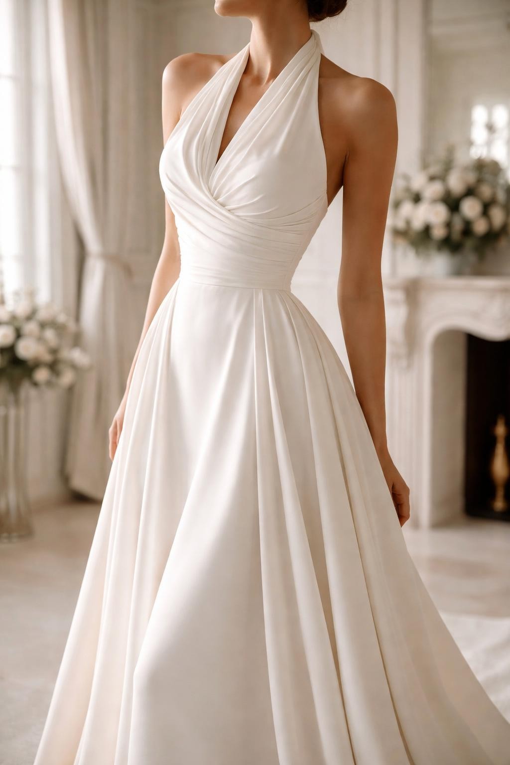Image Prompt: A high-end bridal editorial image of a draped halter neck wedding dress in a modern bridal studio or elegant indoor wedding venue. Show the bride cropped from the shoulders down or from a side-back angle with the face hidden. The gown has a softly draped halter neckline, gentle folds across the bodice, a defined waist, and a smooth flowing skirt. Use clean natural light, realistic fabric drape, luxury editorial bridal styling, no visible face, no text, no watermark. (no watermarks on images)