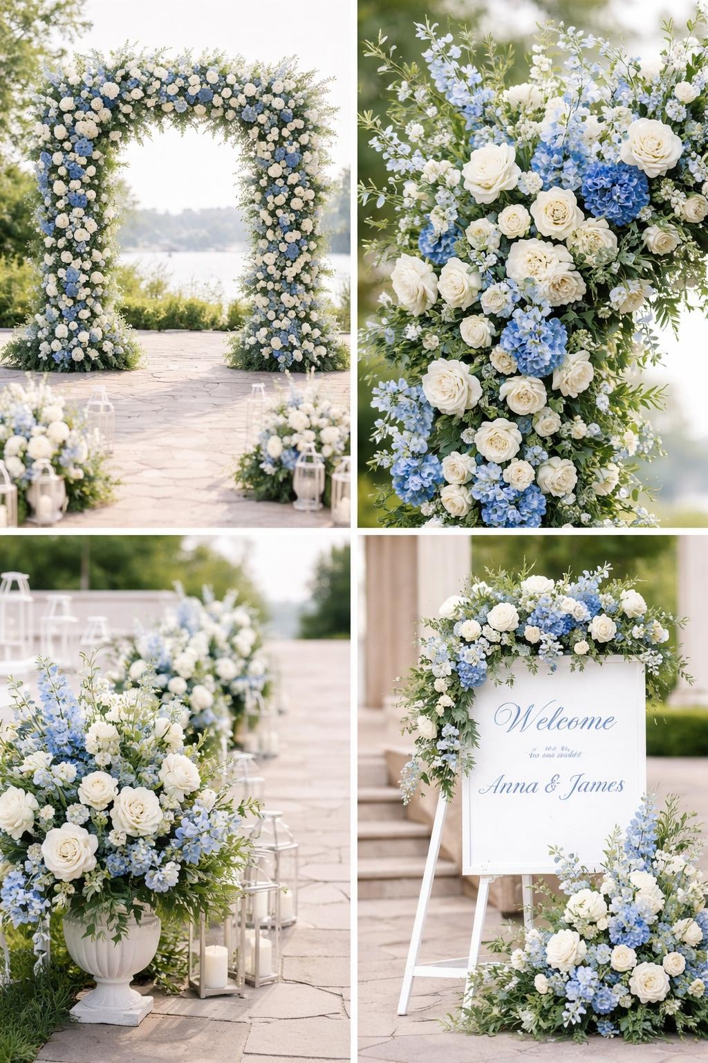 Image Prompt: A professional 4-grid wedding decor collage showing a blue and white wedding floral arch, top-left image featuring a ceremony arch covered in white roses, blue hydrangeas, delphiniums, and greenery, top-right image showing close-up blue and white floral clusters on the arch, bottom-left image showing matching floral arrangements at the base of the aisle, bottom-right image showing a welcome sign styled with the same blue and white flowers, elegant wedding ceremony decor, editorial photography, no people, no faces, no watermarks on images.