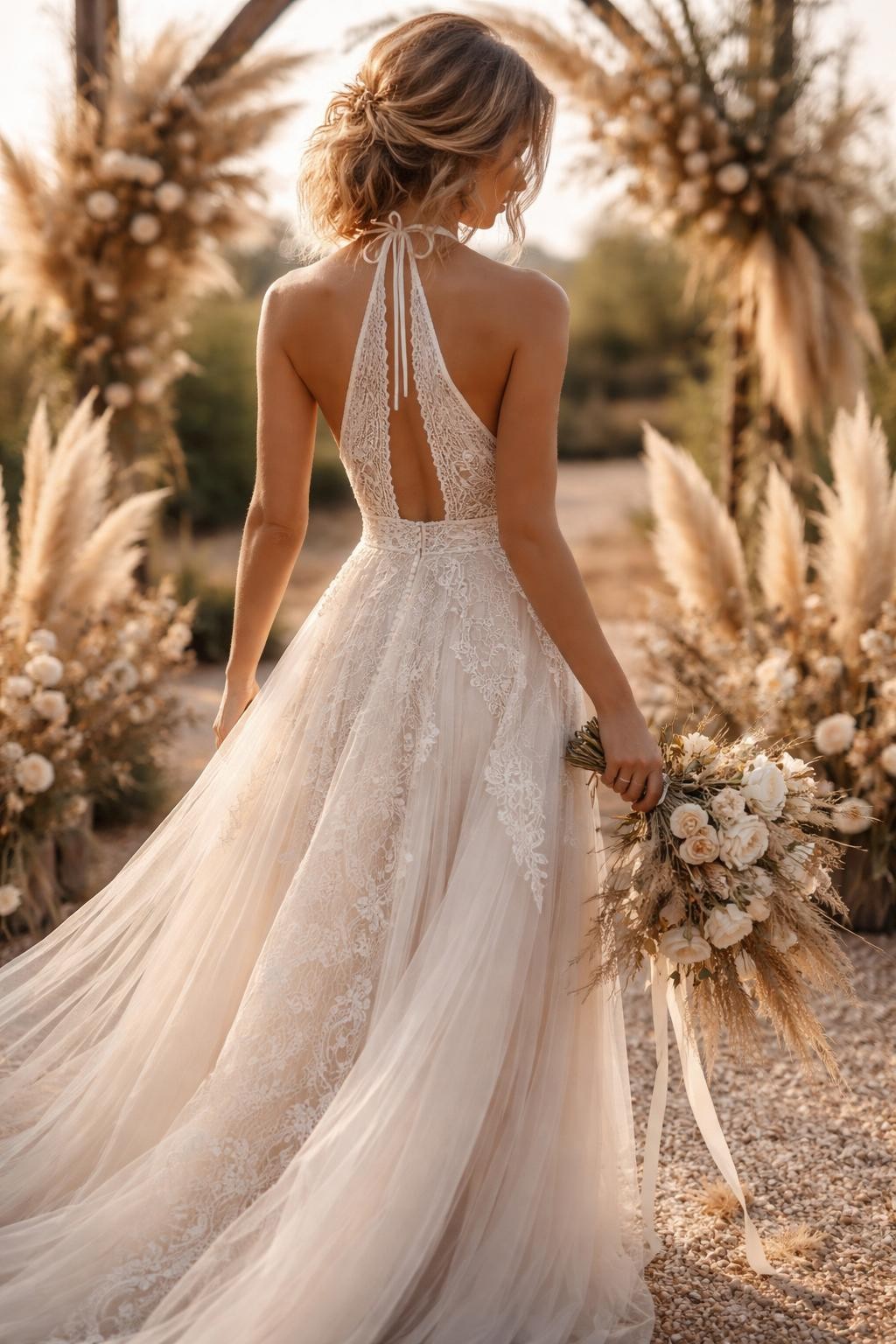 Image Prompt: A luxury bridal editorial photo of a boho halter neck wedding dress in an outdoor ceremony setting with pampas grass, soft neutral florals, and warm natural light. Show the bride from the neck down or from a back-facing angle with the face fully hidden. The gown has a relaxed halter neckline, crochet lace or soft embroidery, fitted waist, and flowing skirt with gentle movement. Use realistic fabric texture, earthy bridal styling, professional editorial quality, no visible face, no text, no watermark. (no watermarks on images)