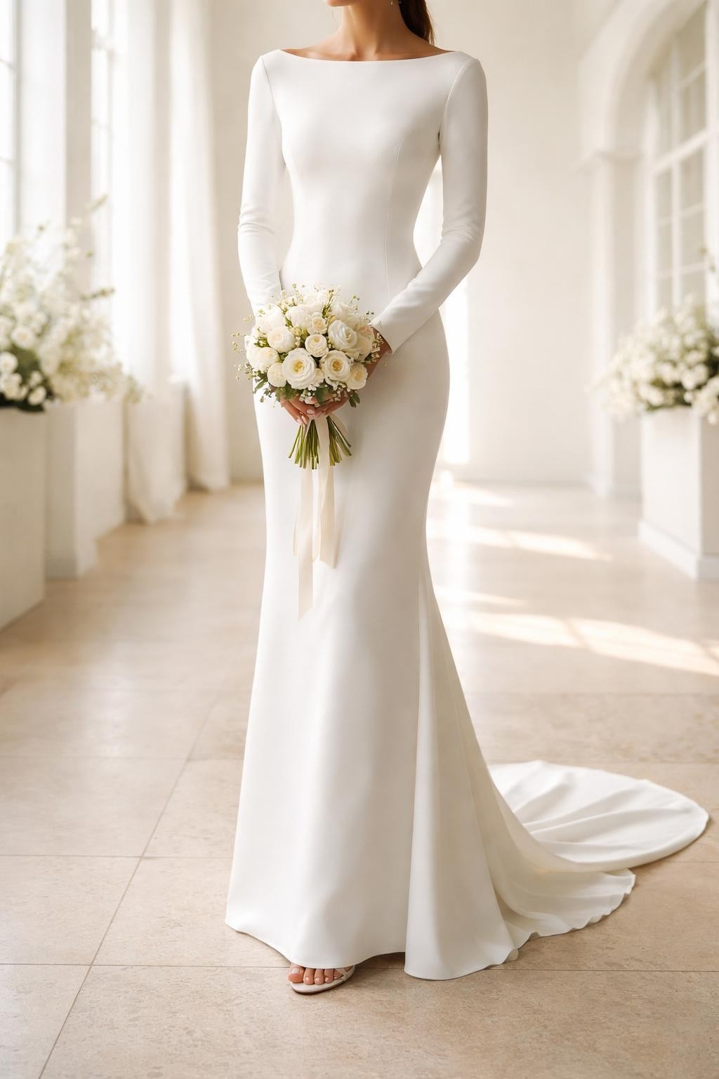 Image Prompt: A modern bridal editorial image of a minimal crepe long sleeve column wedding dress in a clean chapel, city venue, or bright bridal studio. Show only from the neck down or from a back-facing pose so the face is not visible. The gown has a smooth crepe finish, slim column silhouette, long fitted sleeves, neat neckline, and small train. Use soft directional light, simple bouquet held low, realistic crepe texture, polished fashion magazine styling, no visible face, no text, no watermark. (no watermarks on images)