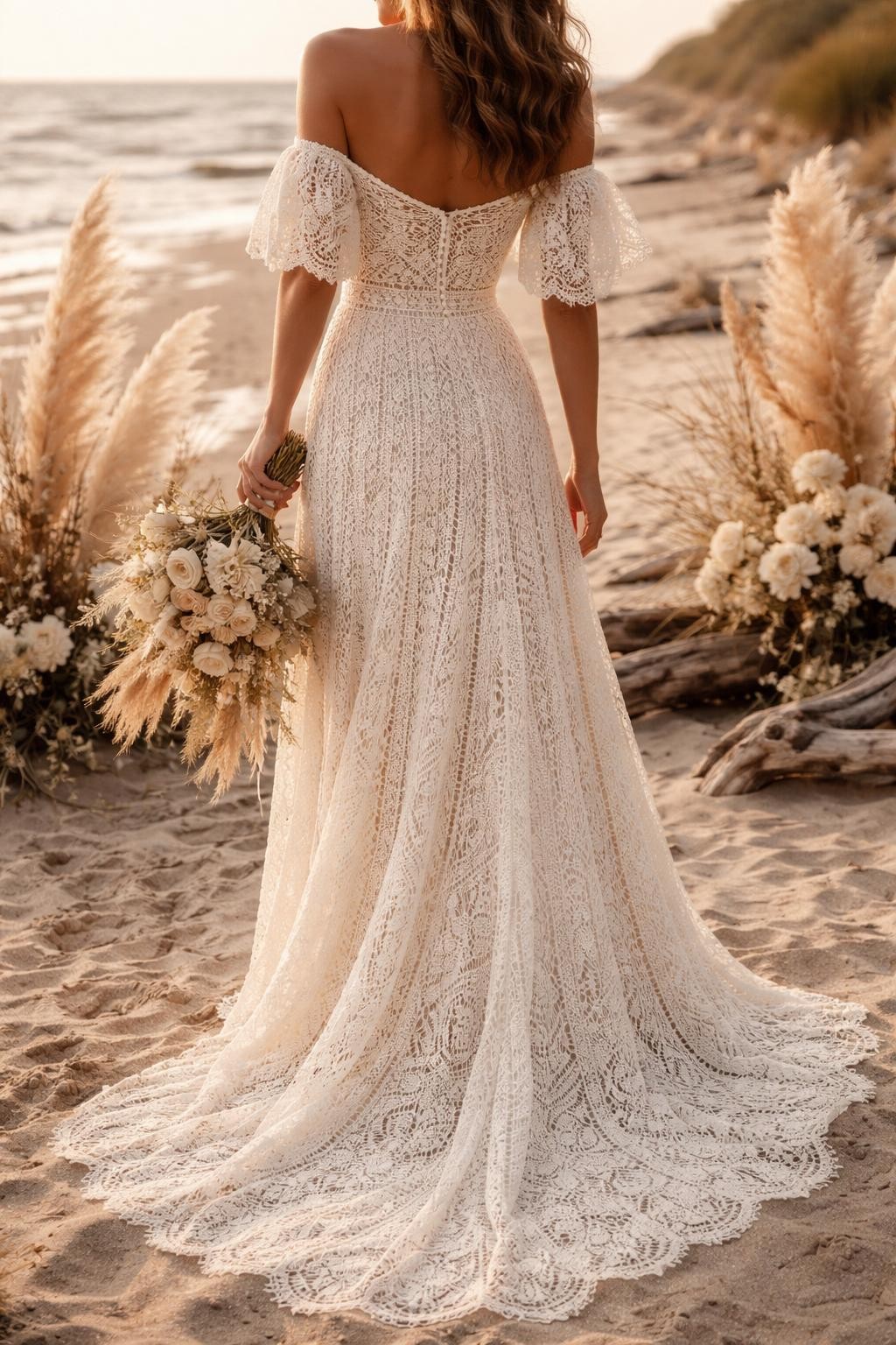 Image Prompt: A high-end bridal editorial image of a boho crochet lace beach wedding dress on a natural shoreline with pampas grass, driftwood, and neutral florals. Show the bride from the neck down only, or from a back-facing angle with the face fully hidden. The gown has crochet lace detail, relaxed sleeves or straps, a fitted waist, and a flowing skirt. Use soft golden light, realistic crochet texture, earthy coastal styling, luxury bridal magazine quality, no visible face, no text, no watermark. (no watermarks on images)