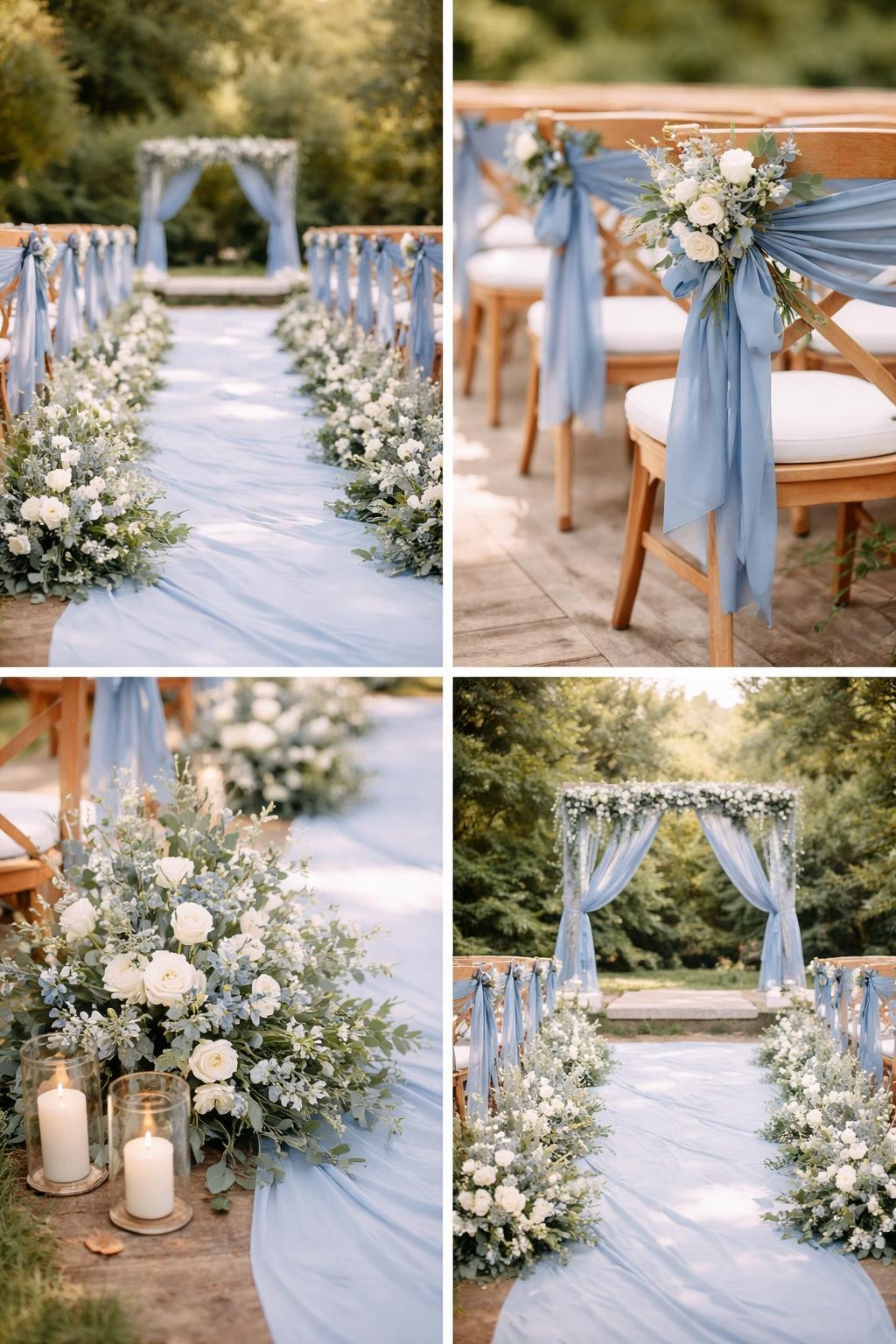 Image Prompt: A professional 4-grid wedding decor collage showing a dusty blue wedding ceremony aisle, top-left image featuring a soft outdoor aisle with dusty blue fabric tied to chairs, white flowers, and greenery, top-right image showing close-up blue silk chair ribbons with small floral bunches, bottom-left image showing a blue and white floral aisle marker with candles at the base, bottom-right image showing the aisle leading toward a simple floral arch with blue draping, romantic garden wedding setting, soft natural light, no faces, no watermarks on images.