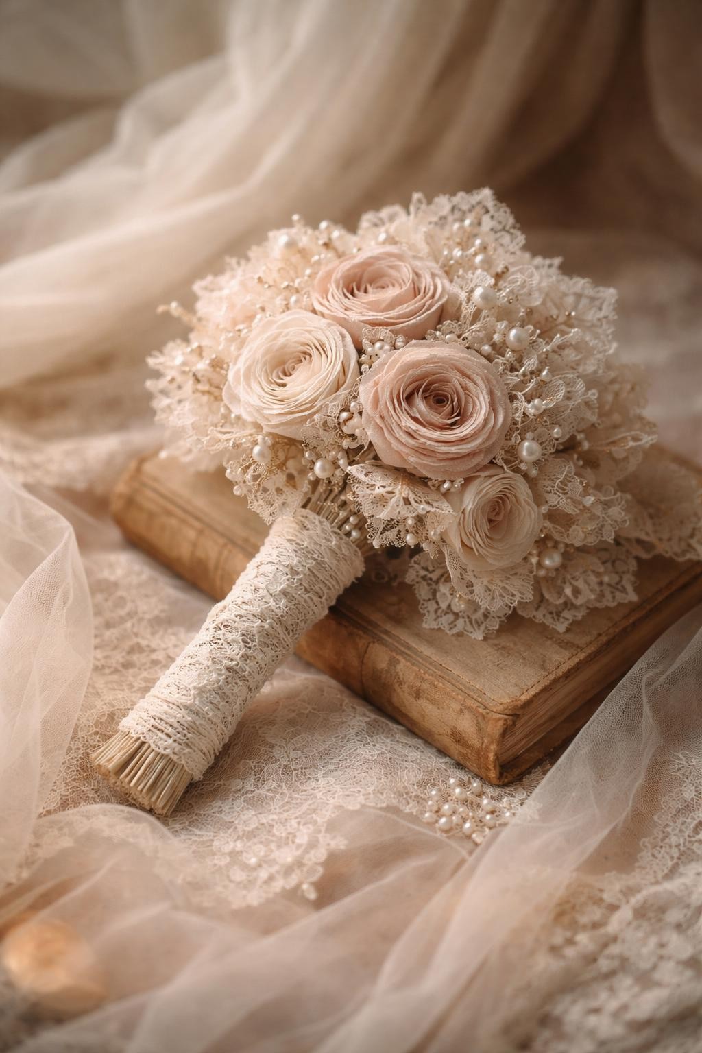 A vintage lace embroidery flower bouquet made from embroidered fabric roses, lace petals, antique-style threadwork, muted blush and cream tones, with a lace-wrapped handle and small pearl pins, styled beside an old book and soft veil fabric, romantic editorial wedding detail photo, no faces, no people, realistic DSLR quality, soft warm light, no watermarks on images.