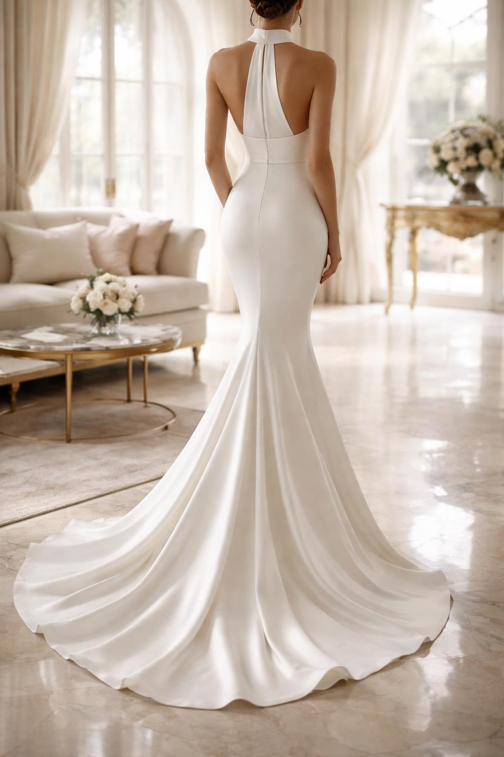 Image Prompt: A high-fashion bridal editorial image of a halter neck mermaid wedding dress in a polished indoor venue or luxury bridal studio. Show the bride from the shoulders down or from behind with the face fully hidden. The gown has a fitted halter bodice, defined waist, sculpted mermaid silhouette, and a soft flared hem with a graceful train. Use flattering natural light, realistic fabric texture, elegant bridal magazine styling, no visible face, no text, no watermark. (no watermarks on images)