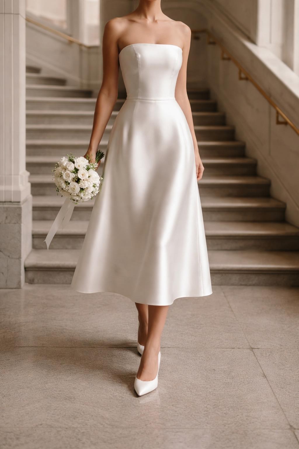 Image Prompt: A luxury bridal editorial image of a simple satin midi wedding dress in a refined courthouse lobby or modern city hall stairwell. Show the bride cropped from the neck down or from behind with the face fully hidden. The dress has a smooth satin finish, clean neckline, fitted bodice, soft midi-length skirt, and subtle bridal styling with pointed heels and a small white bouquet. Use soft daylight, realistic satin shine, elegant editorial composition, no visible face, no text, no watermark. (no watermarks on images)