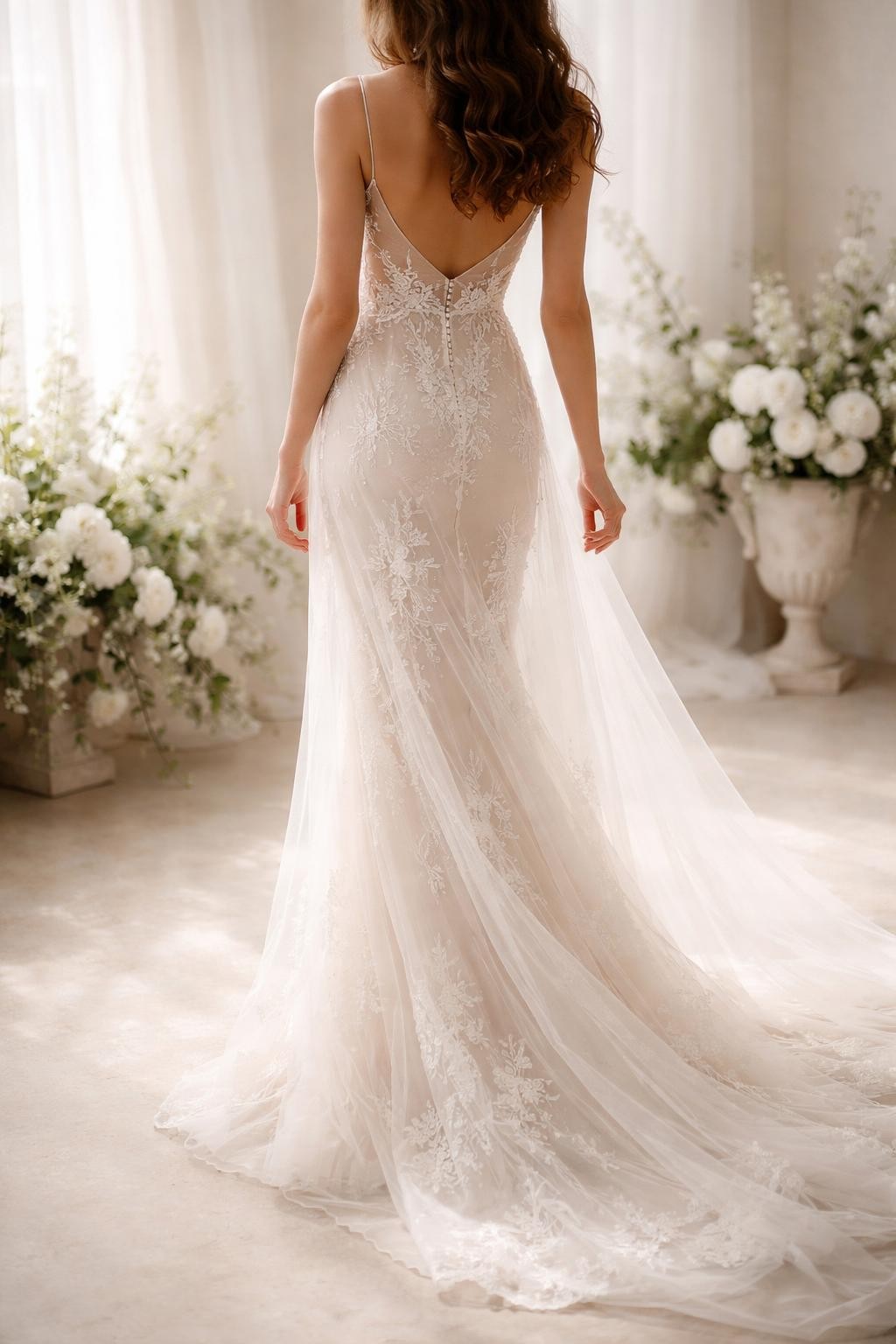 Image Prompt: A refined bridal editorial image of an ethereal embroidered slip wedding dress in a clean bridal studio, garden setting, or intimate chapel. Show the bride cropped from the neck down or from a rear three-quarter angle so the face is fully hidden. The gown has a slim flowing slip silhouette, delicate embroidery, soft sheer overlay, thin straps or light sleeves, and a gentle train. Use soft daylight, realistic fabric texture, romantic editorial styling, no visible face, no text, no watermark. (no watermarks on images)