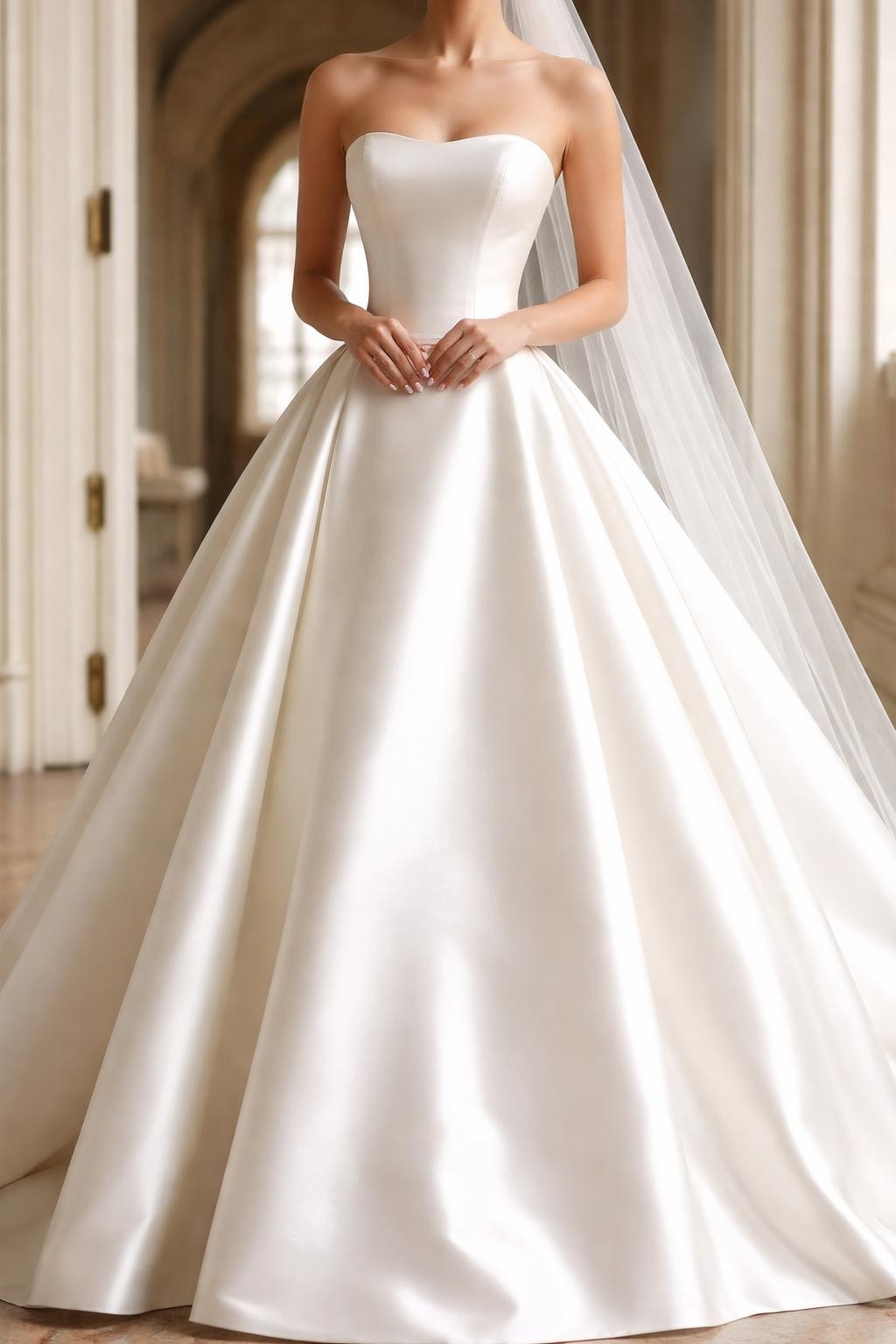 Image Prompt: A high-fashion bridal editorial photo of a strapless mikado wedding gown with a structured bodice and elegant full skirt. Show the bride cropped from the neck down or from behind so the face is fully hidden. Set the scene in a refined bridal studio, grand hallway, or chapel doorway. Highlight the clean strapless neckline, smooth mikado texture, shaped waist, and polished bridal styling. Use crisp professional lighting, no visible face, no text, no watermark. (no watermarks on images)