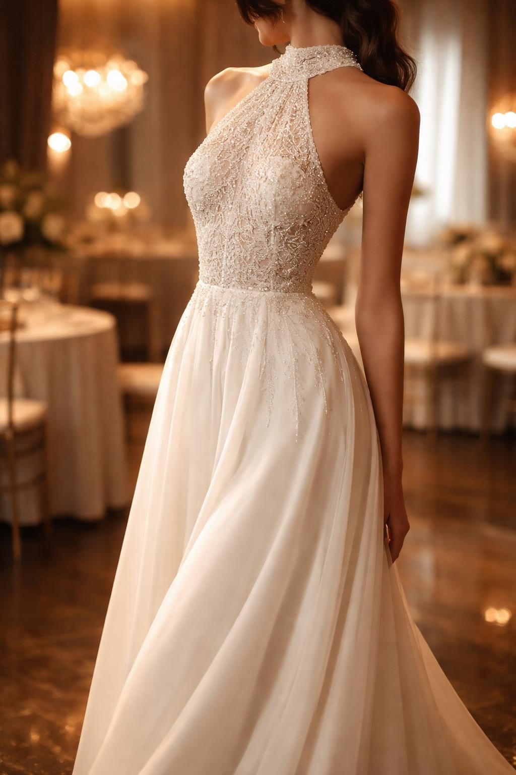 Image Prompt: A sophisticated bridal editorial photo of a beaded halter neck wedding dress in a luxury reception venue or refined bridal studio. Show the bride from the neck down only, or from a rear three-quarter angle so the face is fully hidden. The gown has a halter neckline, delicate beadwork across the bodice, a fitted waist, and a soft full-length skirt or slim column silhouette. Use warm editorial lighting, realistic bead texture, polished wedding magazine styling, no visible face, no text, no watermark. (no watermarks on images)