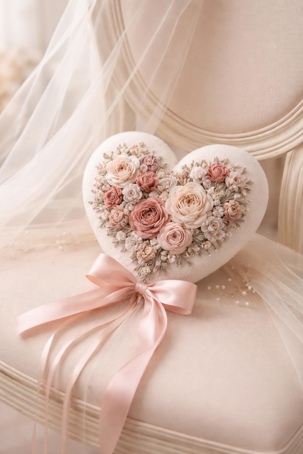 A heart-shaped embroidery flower bouquet made from hand-stitched fabric blooms in blush, cream, and soft red tones, arranged into a subtle heart silhouette with satin ribbons and pearl details, styled on a bridal chair with soft veil draping nearby, romantic wedding editorial detail photography, no people, no faces, realistic DSLR quality, no watermarks on images.