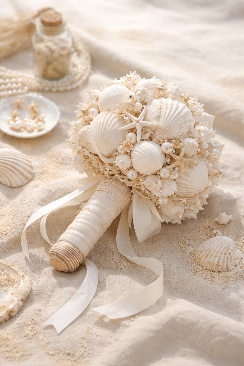 A coastal seashell bridal bouquet with no flowers, made from white seashells, tiny starfish, pearl beads, soft beige rope details, and ivory satin ribbon handle, styled on a sandy linen cloth with ocean-inspired bridal accessories nearby, beach wedding editorial photography, bright natural light, no people, no faces, realistic DSLR photo, high detail, no watermarks on images.