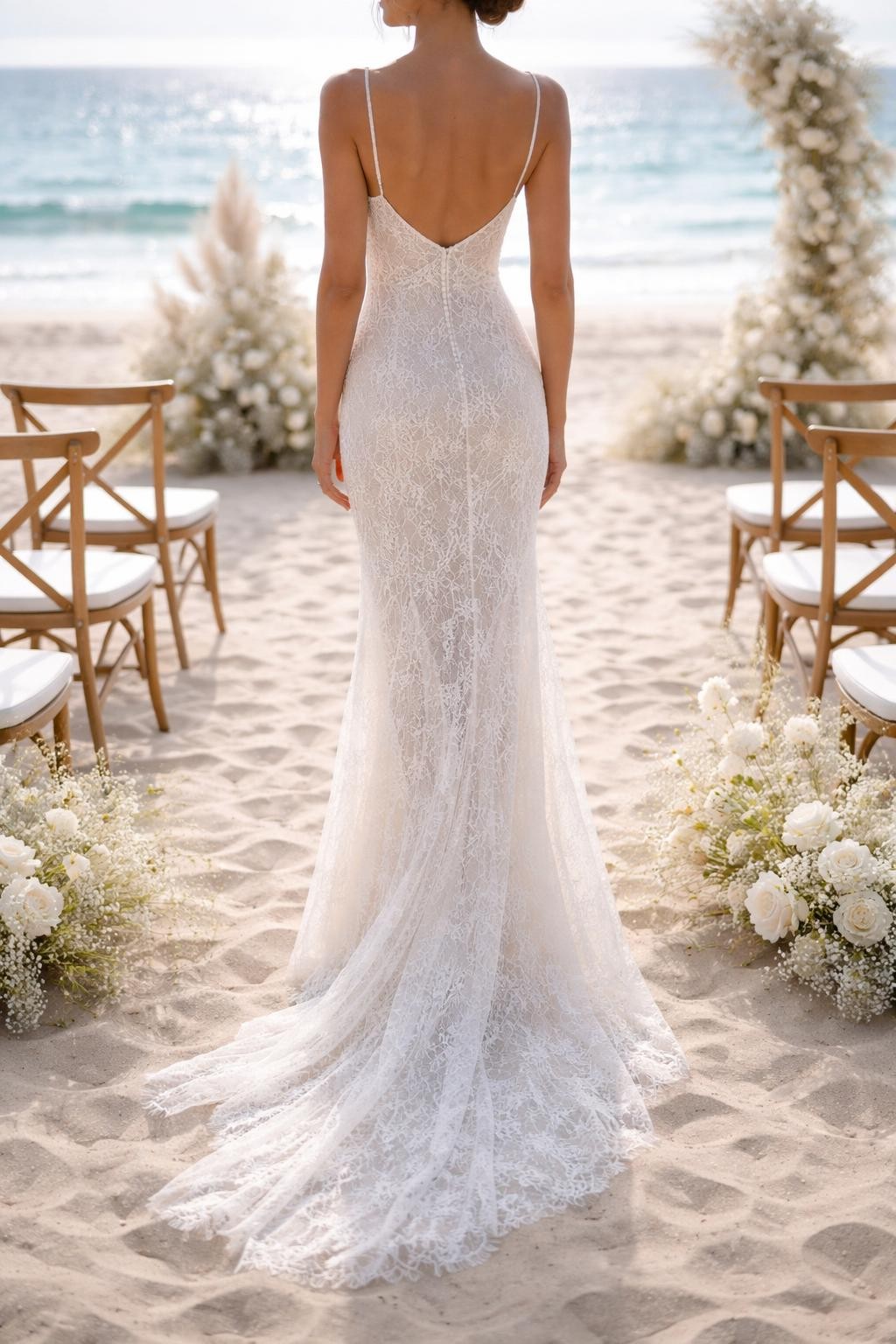 Image Prompt: A luxury bridal editorial image of a lace slip wedding dress on a bright beach ceremony setup with simple white flowers and wooden aisle chairs. Show the bride cropped from the neck down or from behind with the face fully hidden. The gown has a slim slip silhouette, delicate lace overlay, soft straps, and a light train that rests gently on the sand. Use natural daylight, realistic lace texture, coastal styling, polished editorial bridal photography, no visible face, no text, no watermark. (no watermarks on images)
