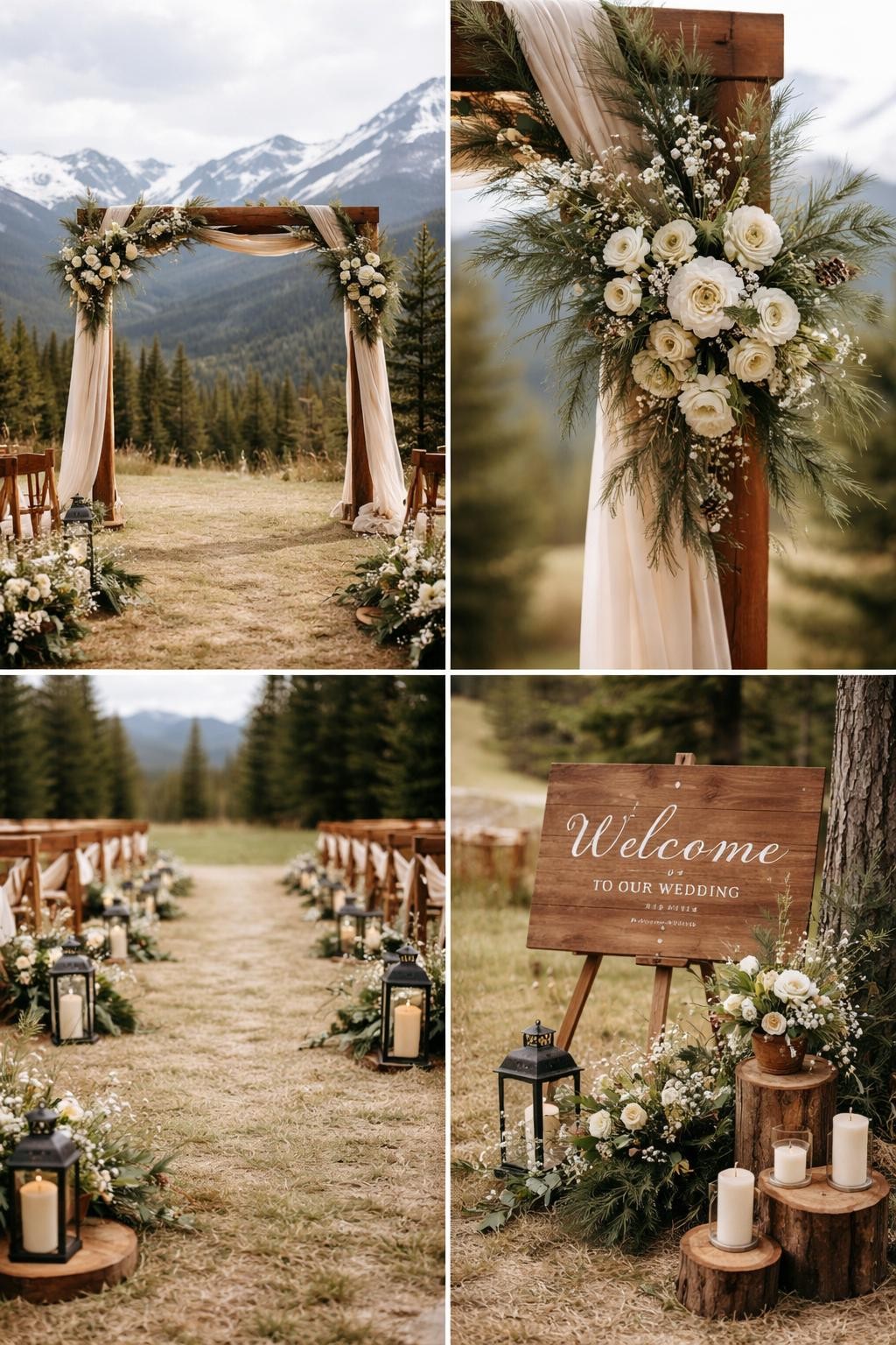 Image Prompt: A professional 4-grid wedding decor collage showing a Rocky Mountain wedding ceremony arch, top-left image featuring a wooden arch placed in front of a wide mountain view with white flowers, greenery, and soft beige fabric, top-right image showing close-up florals tied to the arch with pine sprigs and ivory roses, bottom-left image showing a simple aisle lined with lanterns and wildflowers, bottom-right image showing a welcome sign beside wood stumps, greenery, and candles, outdoor mountain wedding setting, natural daylight, no faces, no watermarks on images.