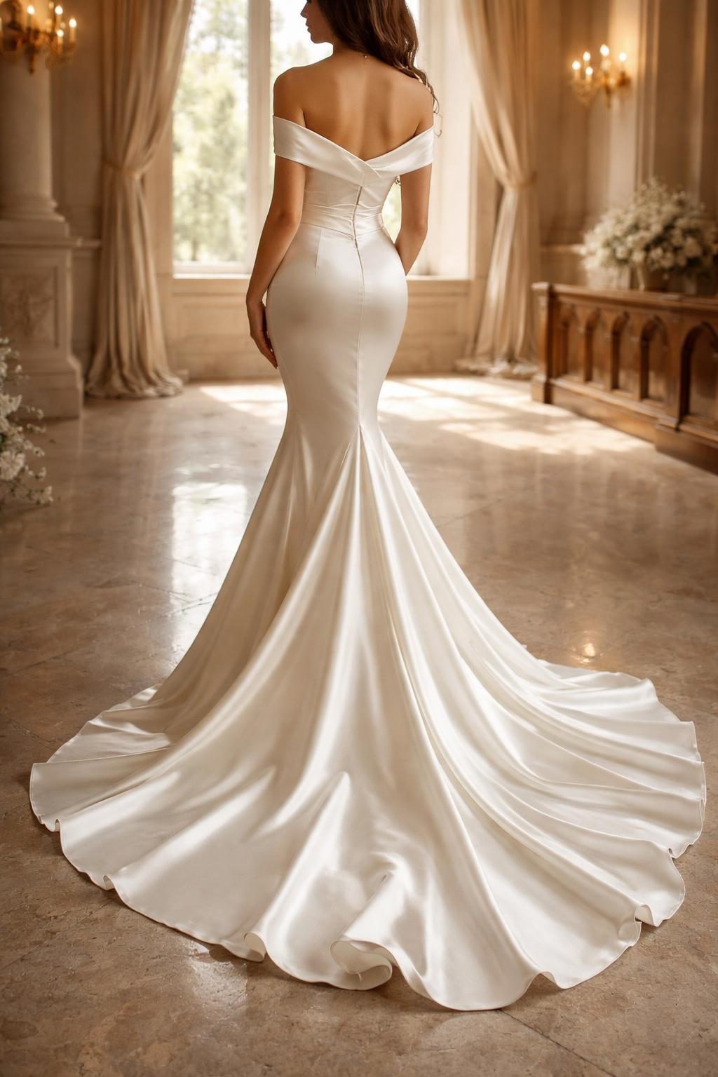 Image Prompt: A luxury bridal editorial image of a clean satin mermaid wedding gown with an off-shoulder neckline, photographed in an elegant chapel or refined indoor venue. Show the bride from the shoulders down or from behind with the face fully hidden. The gown features a smooth satin finish, structured off-shoulder fold, fitted waist and hips, and a dramatic flared hem with a train. Use soft natural light, realistic satin shine, editorial bridal styling, no visible face, no text, no watermark. (no watermarks on images)