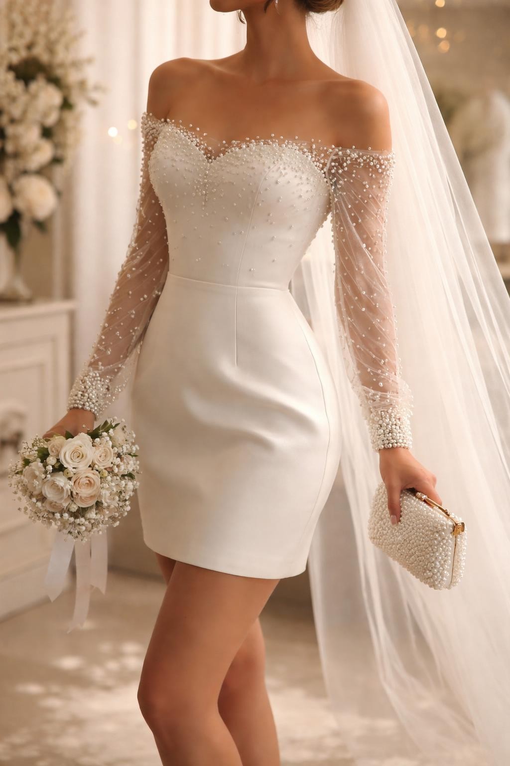 Image Prompt: A high-end bridal editorial photo of a short pearl-embellished wedding dress in a luxury bridal studio or chic reception setting. Show the bride cropped from the neck down or from a back-side angle with the face hidden. The dress has a clean mini or knee-length silhouette, delicate pearl embellishment across the bodice or sleeves, and polished bridal accessories. Use soft warm lighting, realistic pearl texture, refined magazine-quality styling, no visible face, no text, no watermark. (no watermarks on images)