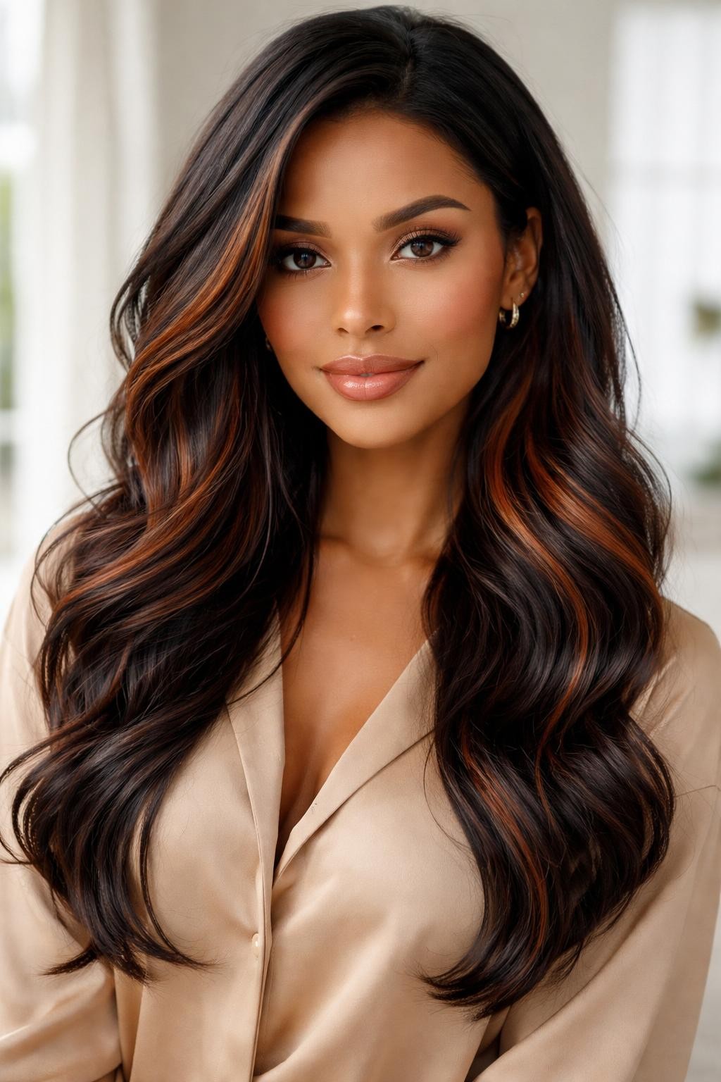 Image Prompt: A beautiful woman with long black hair and soft fox tail highlights, glossy dark base with thin copper, auburn, and ginger highlights placed through the front and lower layers, loose waves, warm brown skin, natural glam makeup, nude gloss, tan blouse, clean indoor background, soft window light, realistic beauty editorial portrait, subtle warm color contrast, no text, (no watermarks on images)