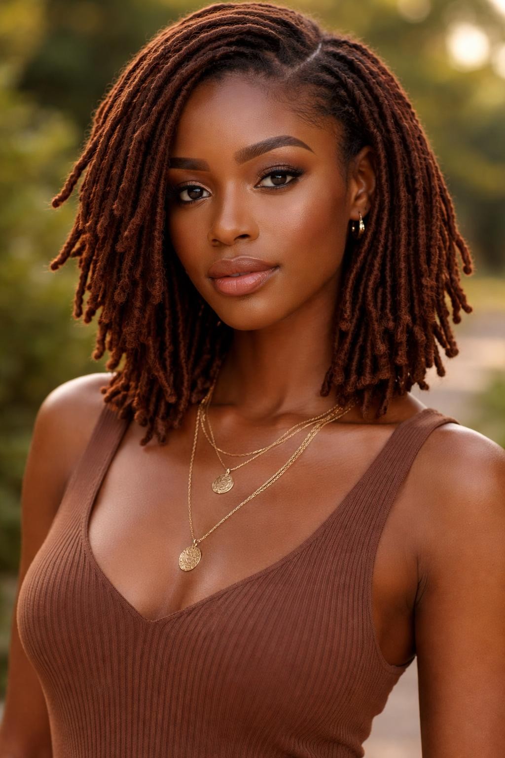 Image Prompt: A stunning Black woman with shoulder-length cinnamon locs, neatly maintained loc texture, warm brown-red color, a few locs framing the face, deep brown skin, natural glowing makeup, layered gold necklaces, earth-tone dress, outdoor background with soft greenery, warm sunlight, realistic lifestyle editorial portrait, detailed loc texture, no text, (no watermarks on images)