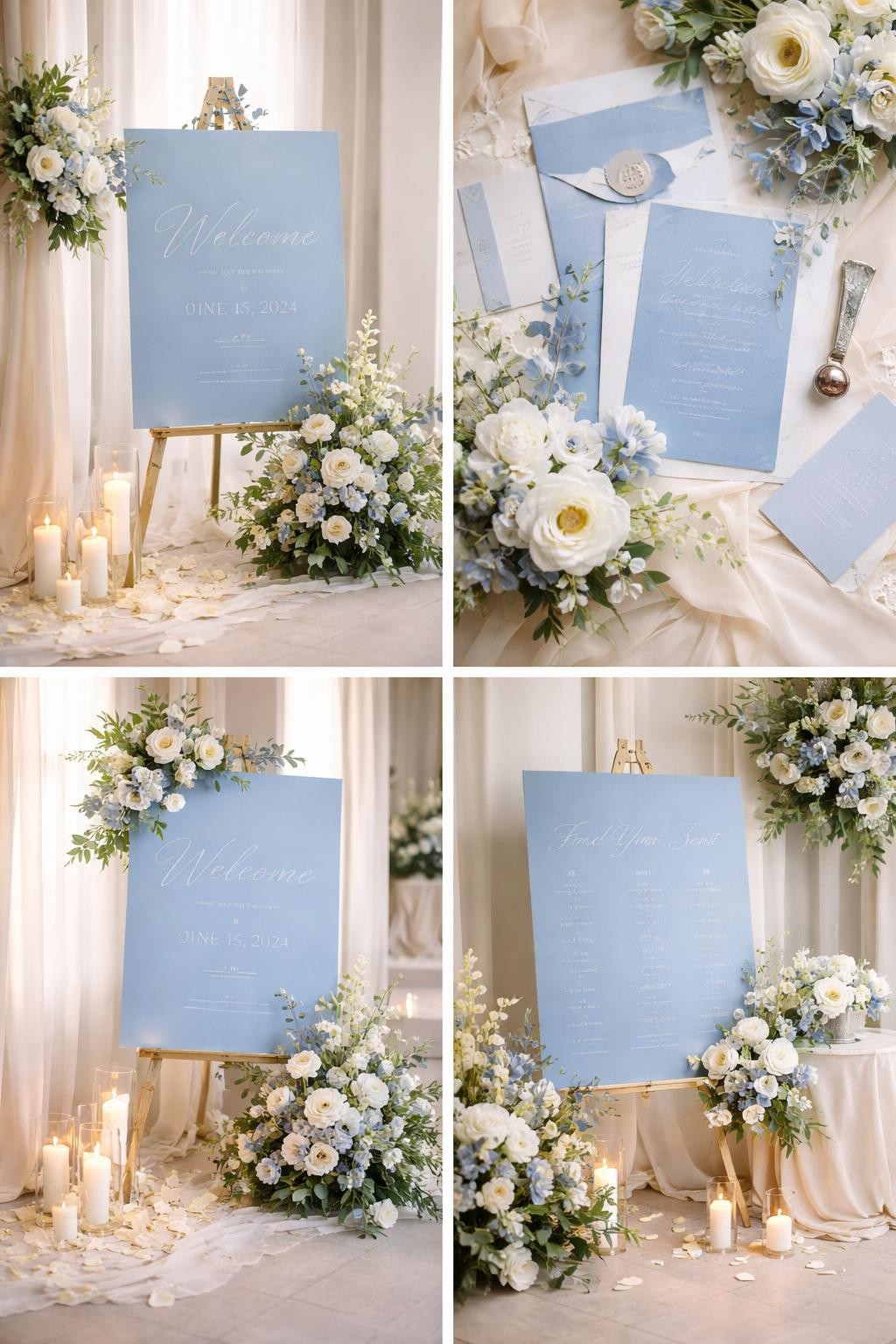 Image Prompt: A professional 4-grid wedding decor collage showing a French blue wedding welcome display, top-left image featuring a French blue welcome sign on an easel with white flowers and greenery, top-right image showing close-up blue stationery and floral accents, bottom-left image showing the sign beside candles, petals, and a soft fabric base, bottom-right image showing a matching seating chart area in French blue and ivory, refined wedding entrance decor, soft daylight, no faces, no watermarks on images.