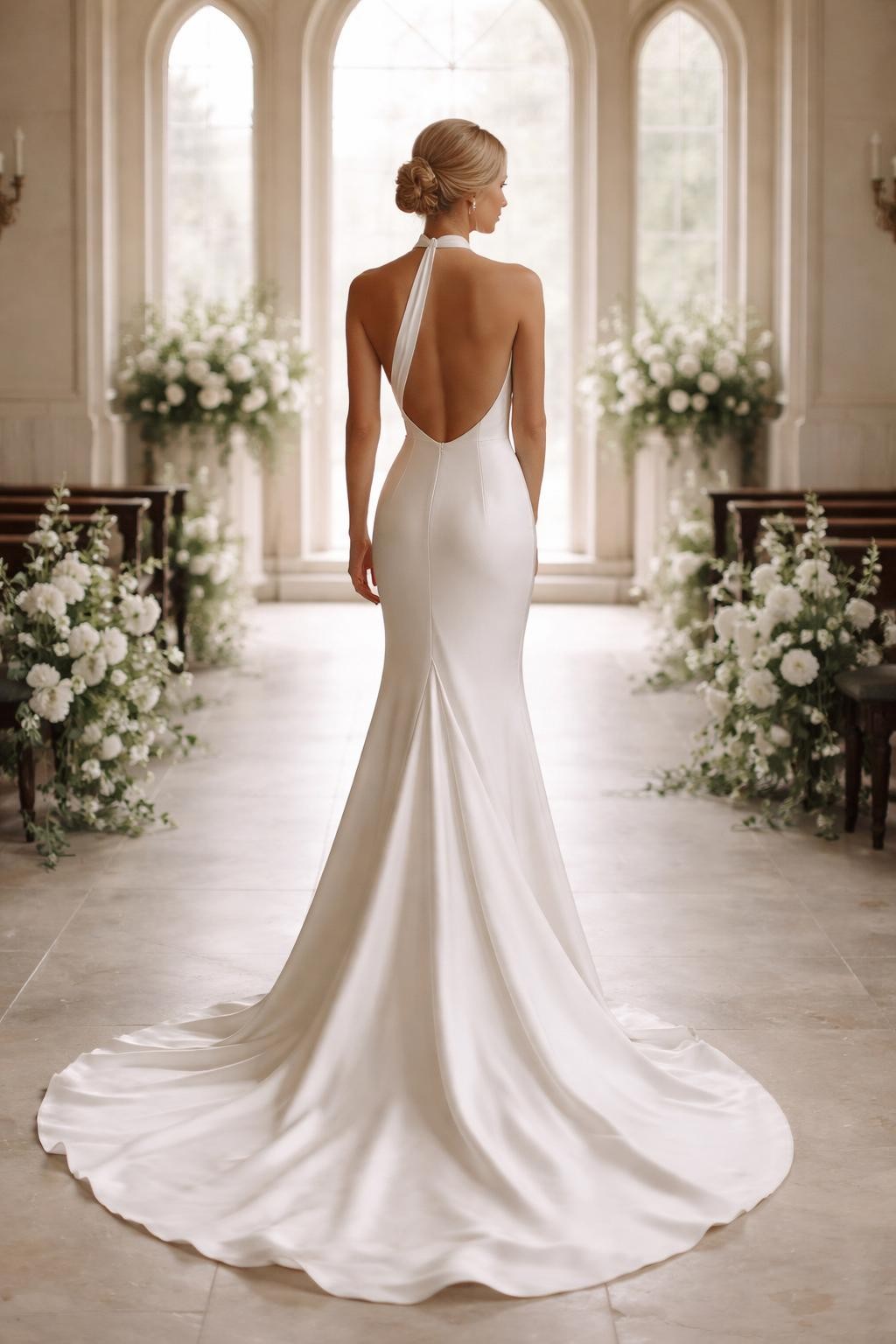 Image Prompt: A refined bridal editorial photo of a halter neck wedding dress with an open back, photographed in a chapel aisle, city venue, or elegant bridal studio. Show the bride from behind only so the face is completely hidden. The gown has a clean halter neckline wrapping around the neck, a low open back, fitted waist, and a flowing skirt with a soft train. Use soft natural light, realistic fabric texture, polished bridal styling, luxury magazine photography, no visible face, no text, no watermark. (no watermarks on images)