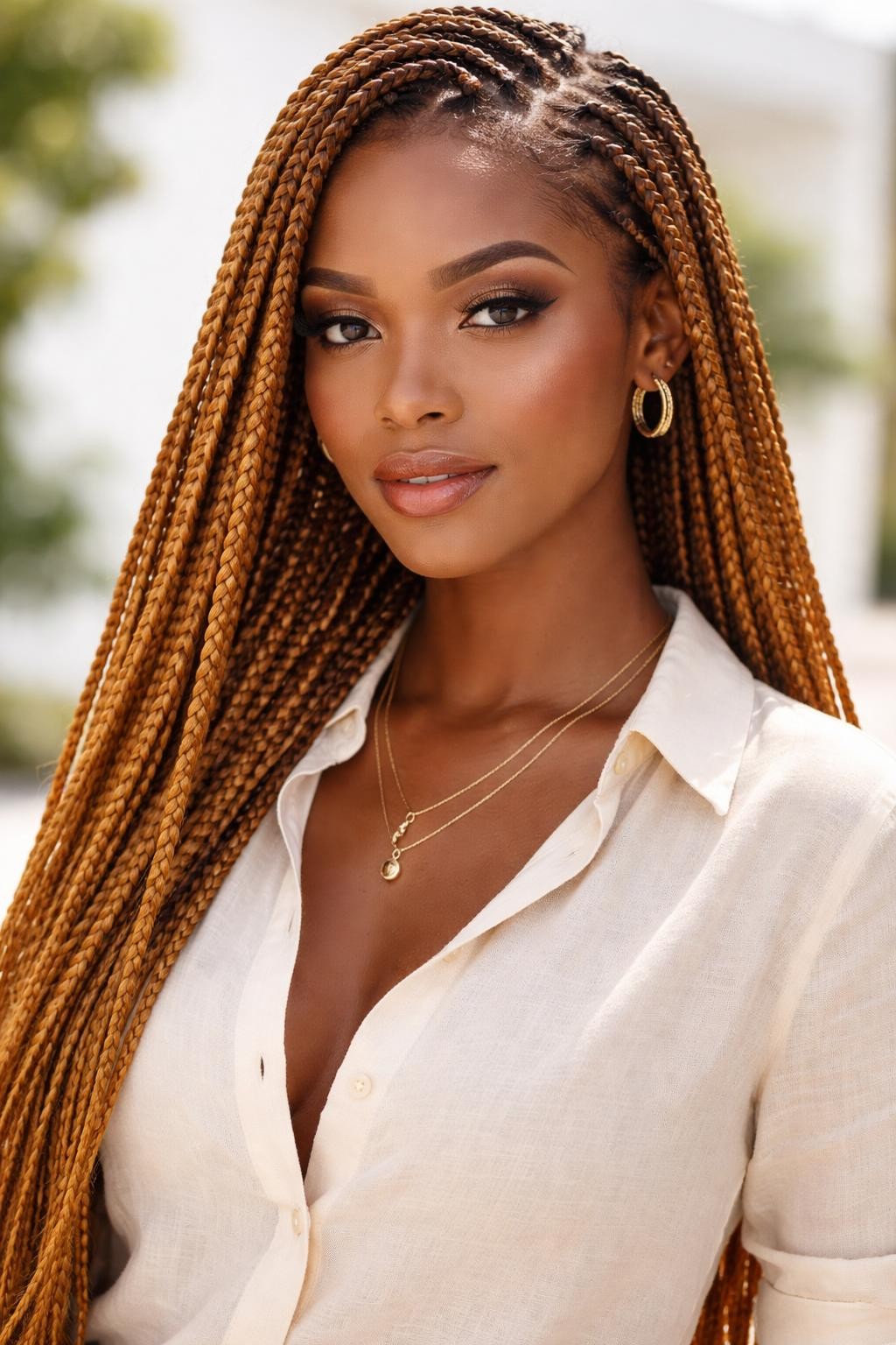 Image Prompt: A gorgeous Black woman with extra-long golden copper knotless braids, soft natural-looking roots, clean scalp parts, smooth braids flowing over the shoulders, warm copper-gold color, deep brown skin, soft glam makeup, delicate gold jewelry, cream linen shirt, bright outdoor summer daylight, clean airy background, realistic beauty editorial photo, detailed braid texture, no text, (no watermarks on images)
