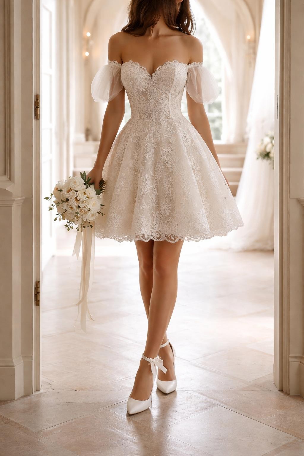 Image Prompt: A luxury bridal editorial image of a short lace wedding dress in a romantic chapel doorway or elegant bridal studio. Show the bride cropped from the neck down or from behind with the face fully hidden. The dress features delicate lace, a fitted bodice, soft sleeves or straps, and a knee-length or mini skirt with a graceful bridal finish. Use soft daylight, realistic lace texture, refined styling, professional magazine composition, no visible face, no text, no watermark. (no watermarks on images)