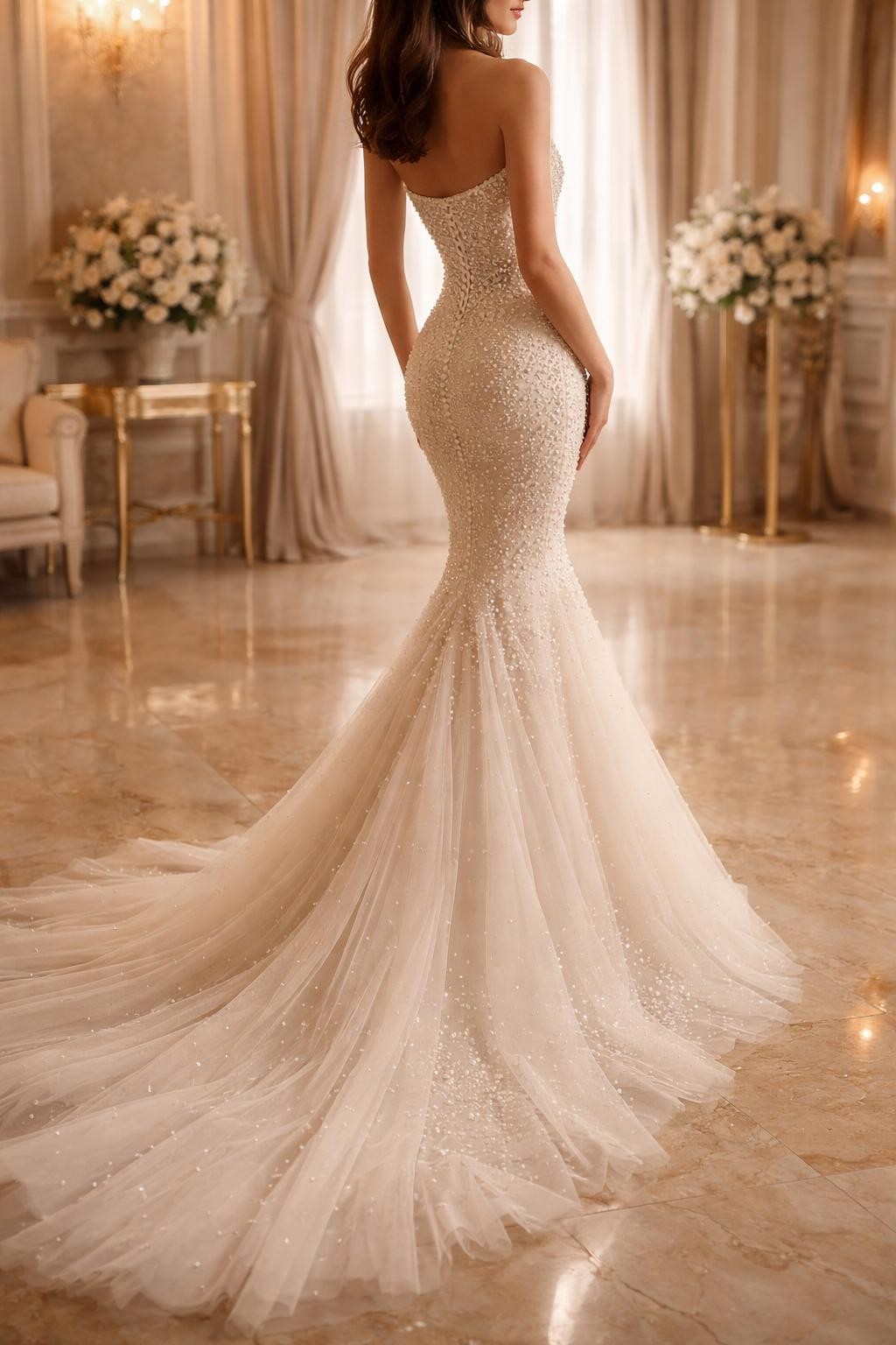 Image Prompt: A high-end bridal editorial image of a pearl-embellished mermaid wedding dress in a luxurious indoor venue or bridal studio. Show the bride from the neck down or from a rear three-quarter angle so the face is hidden. The gown has a fitted mermaid silhouette, subtle pearl embellishment across the bodice and upper skirt, and a graceful flare with a refined train. Use soft warm lighting, realistic pearl detail, polished luxury wedding magazine styling, no visible face, no text, no watermark. (no watermarks on images)