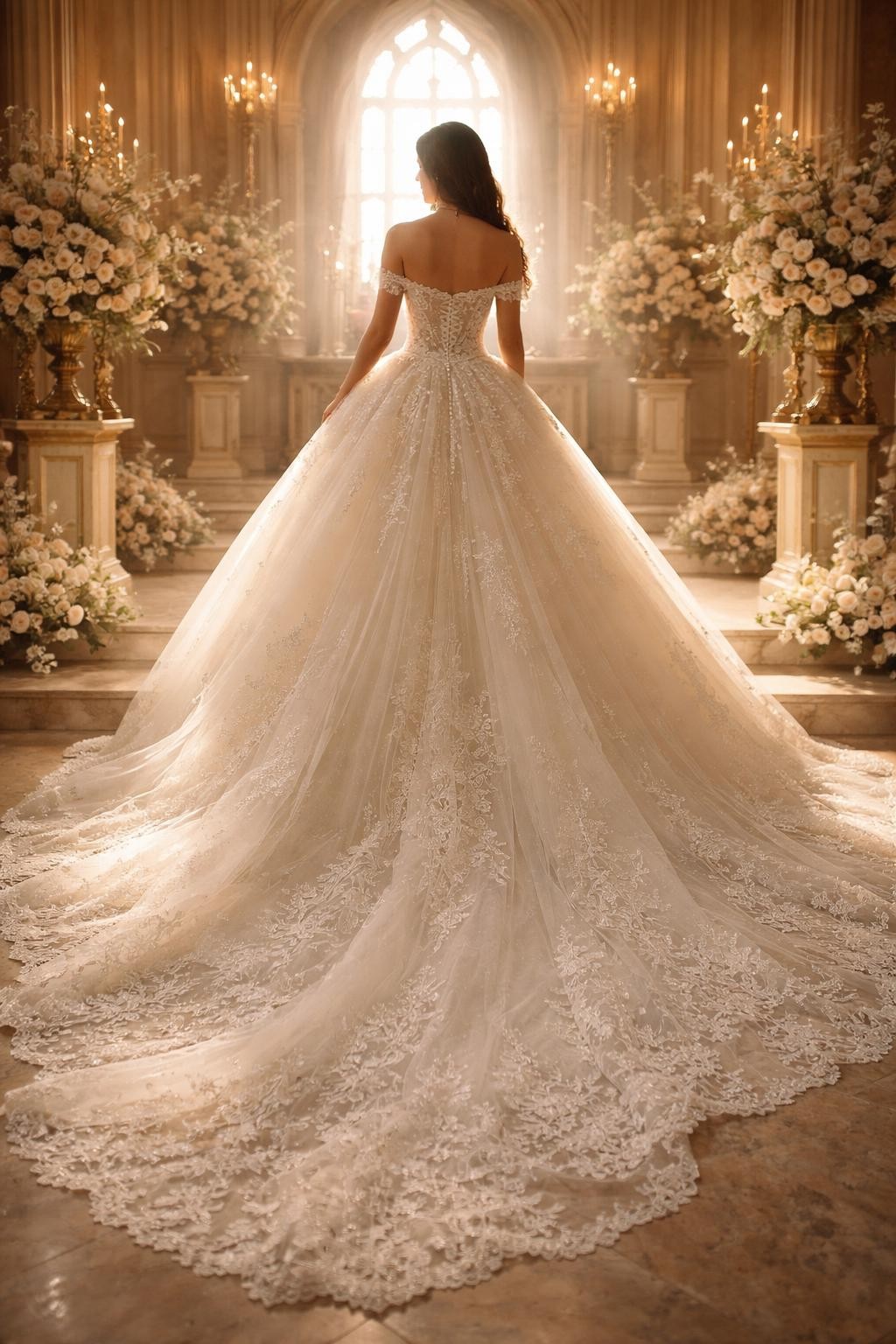 Image Prompt: A dramatic bridal editorial photo of an off-shoulder lace ball gown in a grand chapel or elegant ballroom setting. Show the bride from the shoulders down or from behind with the face fully hidden. The dress features an off-shoulder lace bodice, a defined waist, and a full voluminous skirt with a romantic train. Use soft warm light, refined floral details, realistic lace texture, luxury wedding magazine styling, no visible face, no text, no watermark. (no watermarks on images)