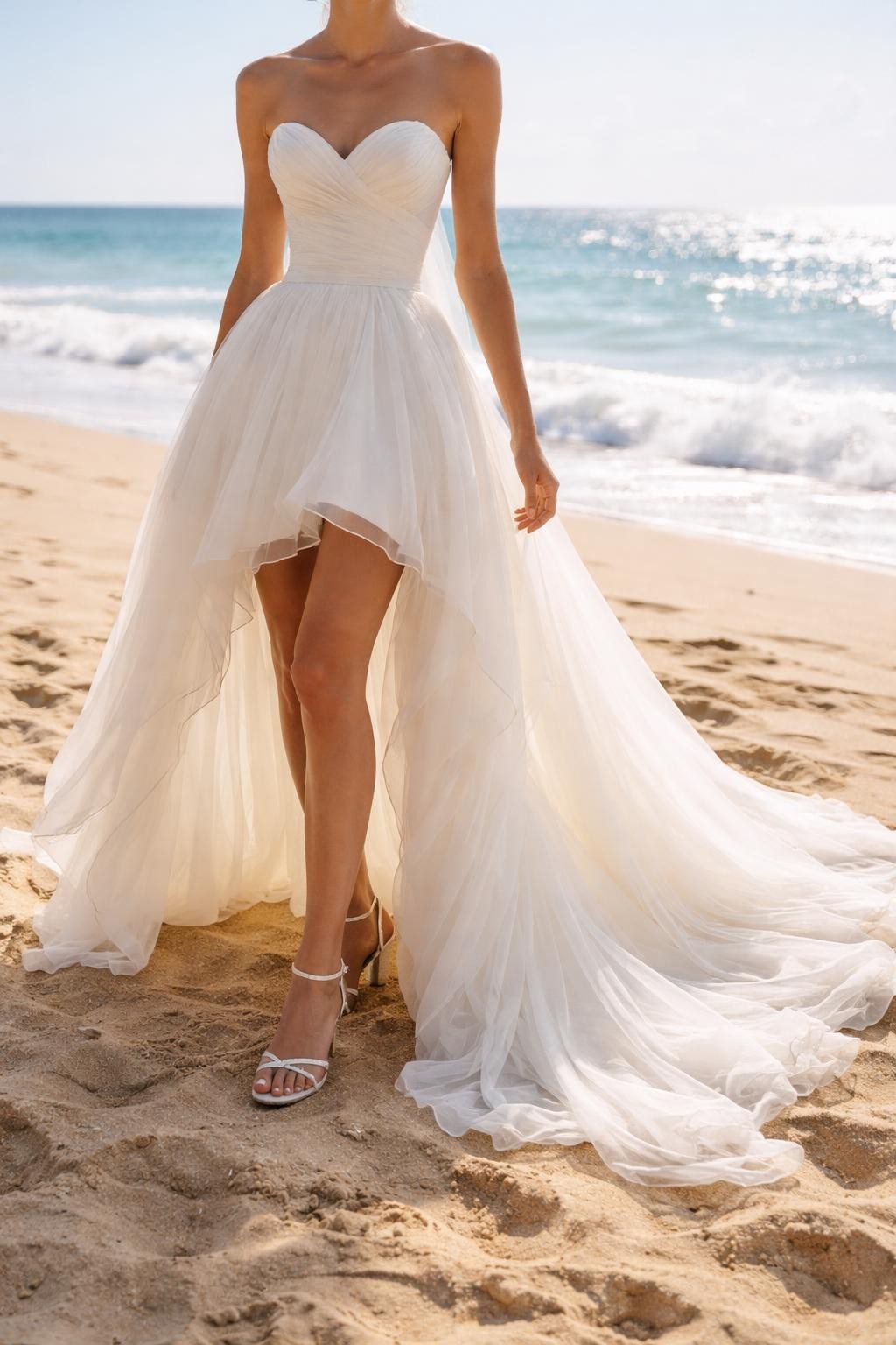 Image Prompt: A fashion-forward bridal editorial image of a high-low beach wedding dress on a sandy shoreline with the ocean in the background. Show the bride from the neck down only, or from behind with the face fully hidden. The dress has a shorter front hem, longer flowing back, fitted bodice, and soft train effect. Style with simple bridal sandals visible under the front hem. Use bright natural light, realistic fabric movement, polished coastal editorial styling, no visible face, no text, no watermark. (no watermarks on images)