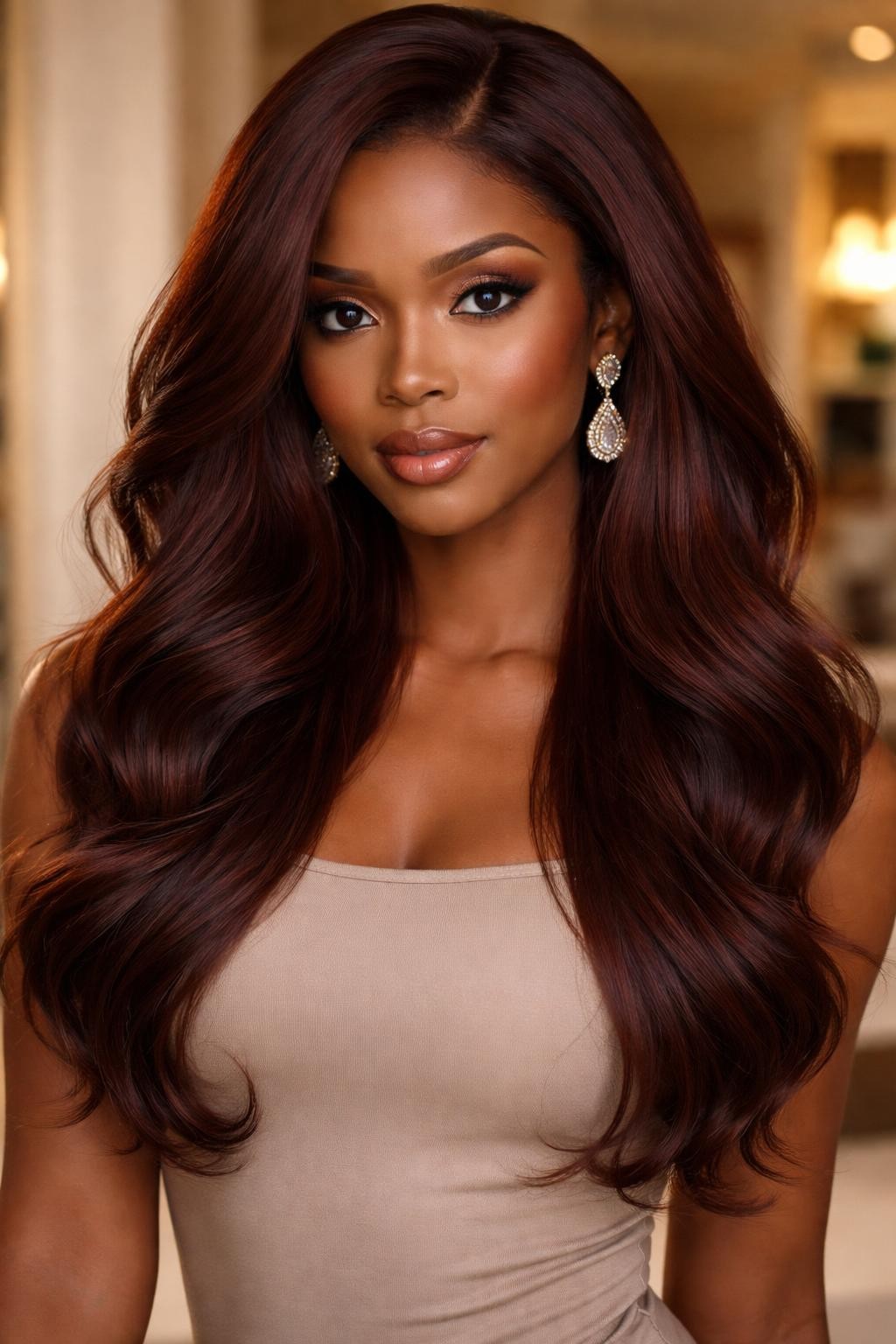 Image Prompt: A beautiful woman wearing a long mahogany brown wig, layered loose waves, rich red-brown hair color with glossy shine, natural-looking hairline, deep brown skin, smooth soft glam makeup, gold earrings, fitted beige top, luxury beauty studio setting, soft warm lighting, realistic editorial portrait, detailed wave texture and mahogany brunette tone, no text, (no watermarks on images)