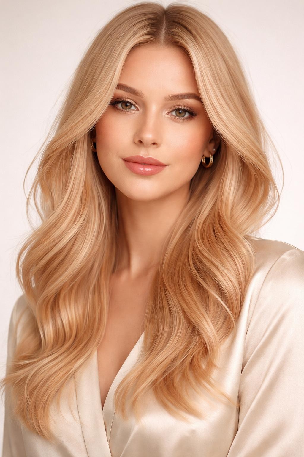Image Prompt: A beautiful woman with long soft peach blonde hair, warm pastel peach-blonde shade with gentle shine, center part, loose flowing waves, soft natural makeup, glossy nude lips, small gold hoop earrings, cream satin blouse, clean neutral studio background, soft diffused lighting, realistic DSLR beauty editorial portrait, detailed peach-blonde shine and smooth wave texture, no text, (no watermarks on images)