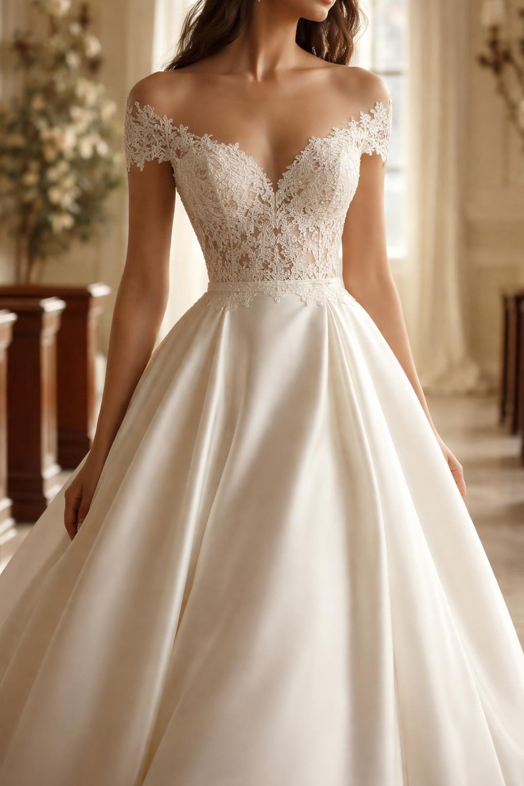 Image Prompt: A luxury bridal editorial image of a wedding dress with a sheer lace bodice and a clean satin skirt, photographed in an elegant chapel or bridal suite. Show the bride cropped from the neck down or from behind with the face hidden. The dress has delicate lace detailing across the bodice, a defined waist, and a smooth satin skirt with soft structure. Use soft natural light, realistic lace and satin texture, polished magazine styling, no visible face, no text, no watermark. (no watermarks on images)