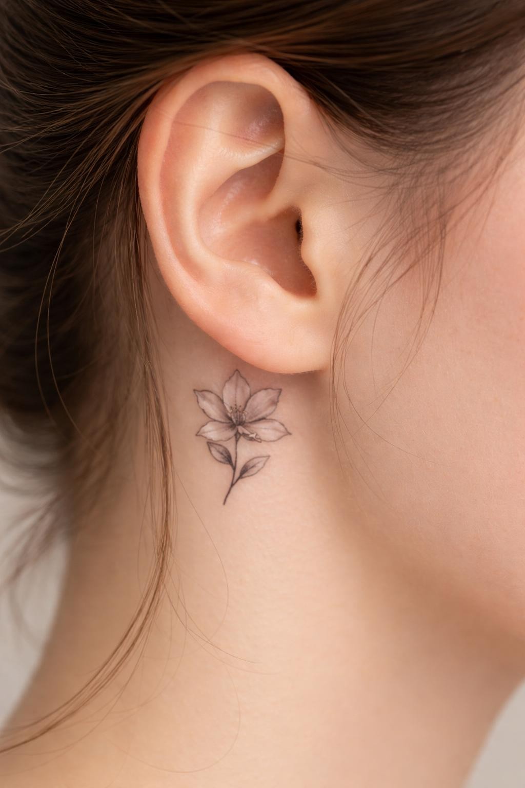 Image Prompt: "Macro shot of a tiny magnolia flower tattoo behind the ear, fine line black ink floral design with small broad petals and soft shading, realistic skin texture, a few loose strands of hair framing the placement, minimal feminine styling, tight crop, soft clean background, tattoo-centered inspiration image (no watermarks on images)"