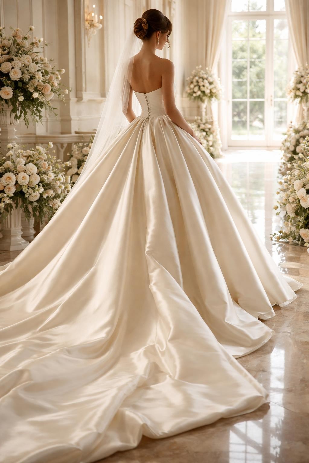 Image Prompt: A high-end bridal editorial photo of a timeless satin ball gown in a bright chapel or elegant wedding venue. Show the bride from the neck down only, or from a back three-quarter angle so the face is fully hidden. The gown has a structured bodice, a defined waist, a full satin skirt, and a graceful train. Use soft natural light, refined floral details, realistic satin texture, luxury bridal magazine styling, no visible face, no text, no watermark. (no watermarks on images)