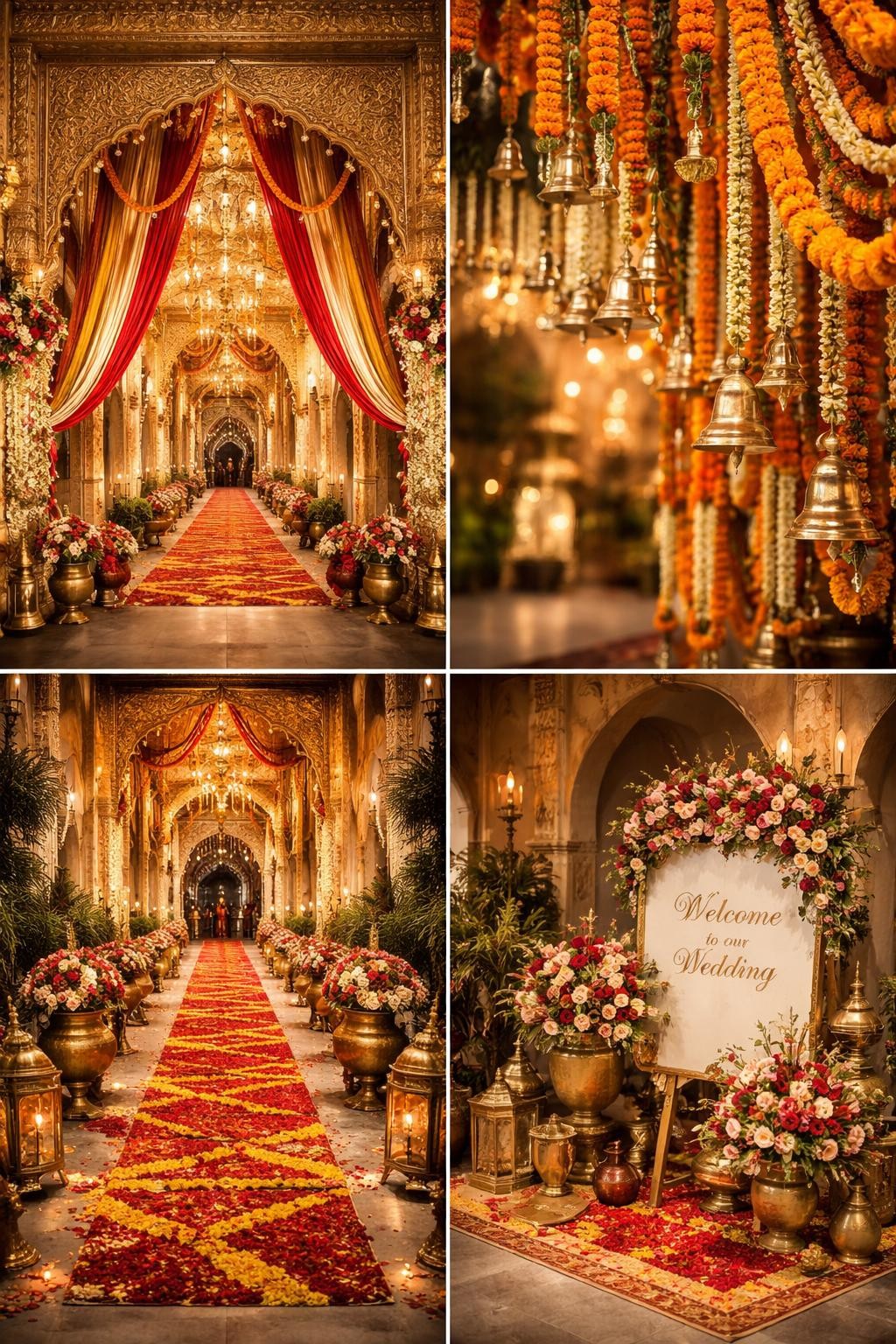 Image Prompt: A professional 4-grid wedding decor collage showing a royal Indian wedding palace-style entrance, top-left image featuring a grand arched entry with carved panels, red and gold draping, floral garlands, and lanterns, top-right image showing a close-up of marigold garlands, hanging bells, and ornate gold details, bottom-left image showing a decorated walkway with petals, urns, and candle lanterns leading into the venue, bottom-right image showing a welcome sign area with royal floral styling and traditional decor accents, luxurious Indian wedding setting, rich colors, editorial decor photography, no faces, no watermarks on images.