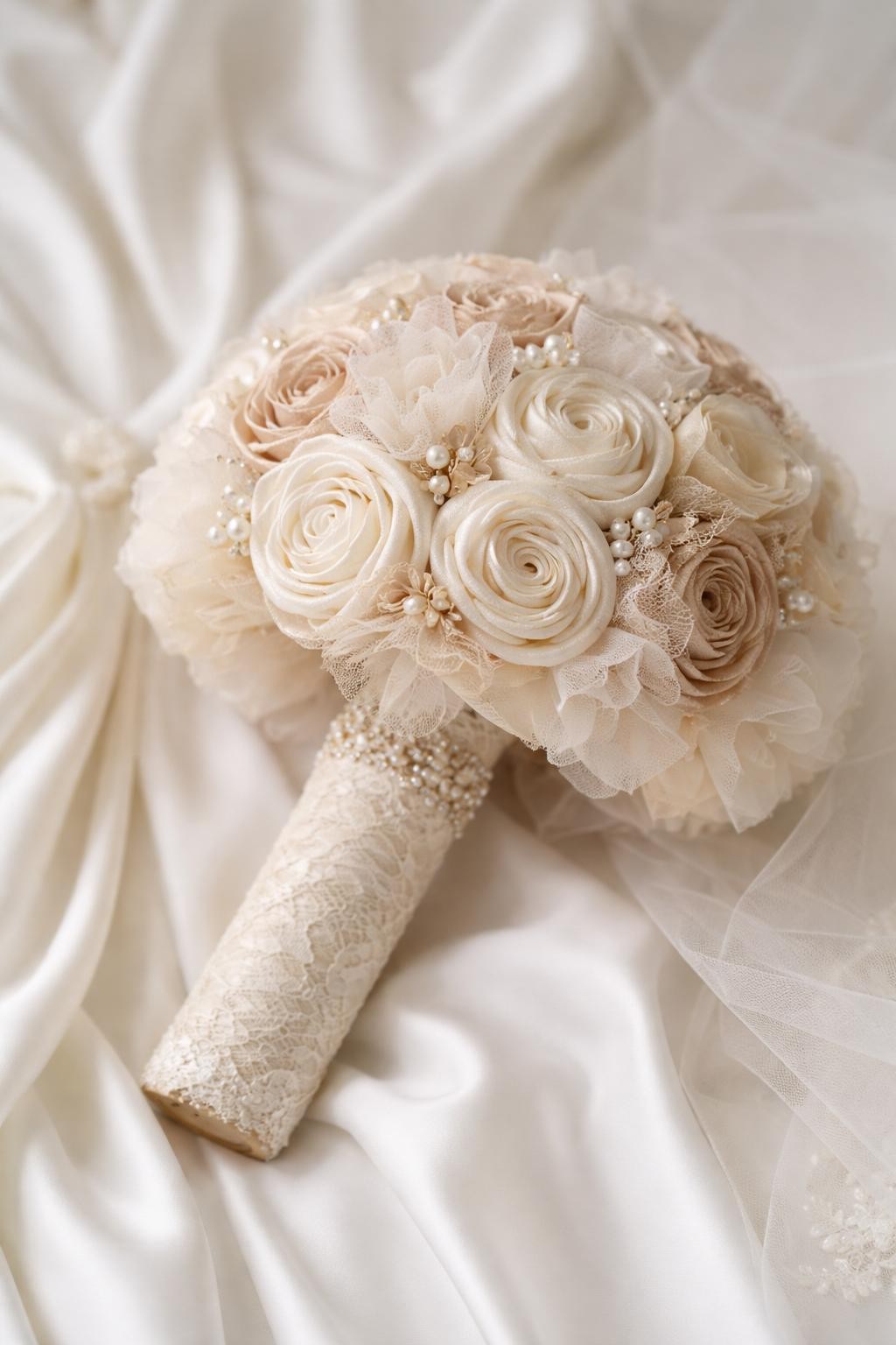 A soft fabric bouquet with no flowers, made from rolled satin, lace, chiffon, and tulle pieces in ivory and champagne tones, pearl pins tucked between the fabric rosettes, lace-wrapped handle, photographed on a white bridal robe and veil background, elegant wedding detail shot, no face, no people, realistic DSLR photo, soft natural light, no watermarks on images.