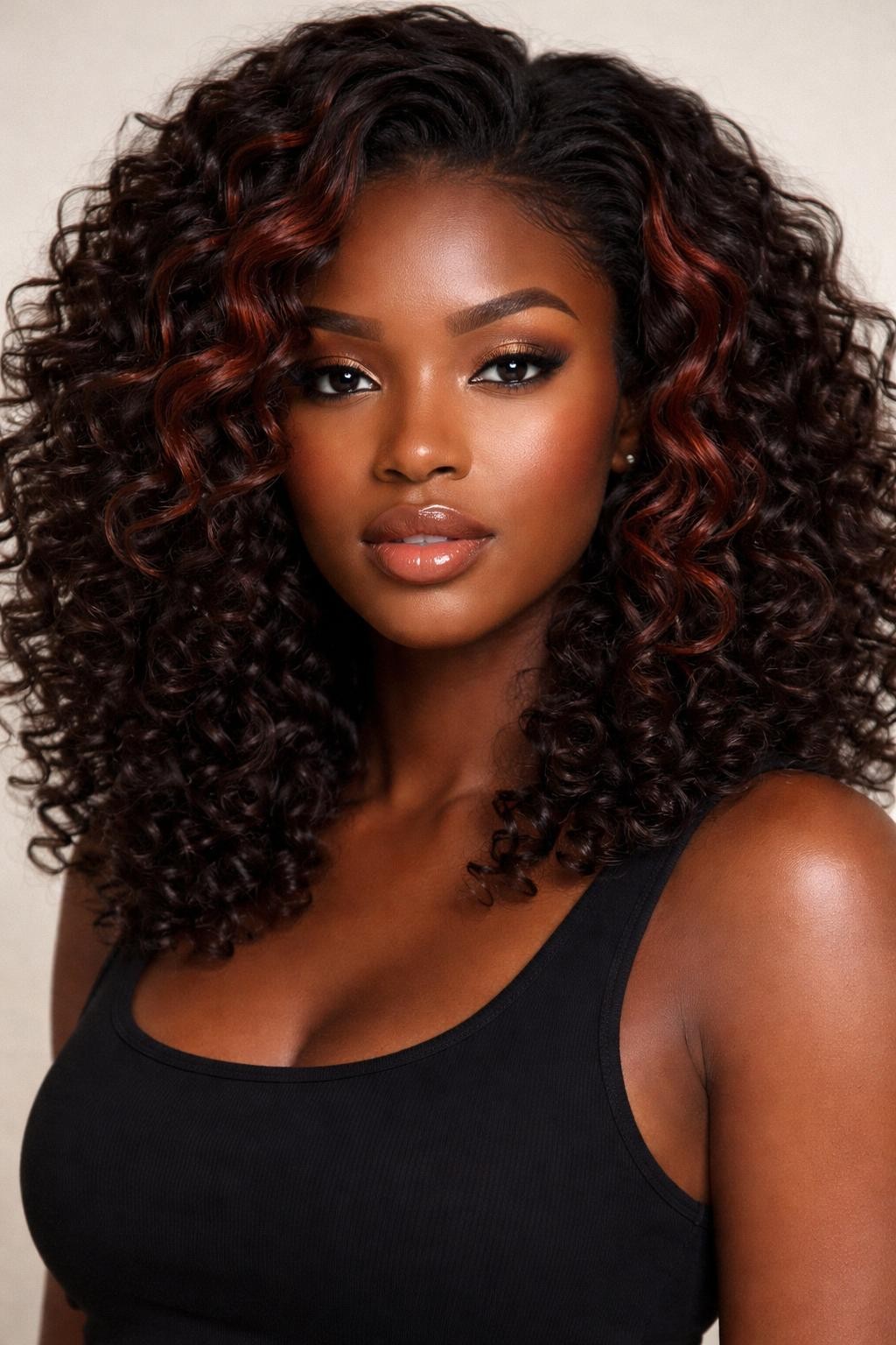 Image Prompt: A beautiful Black woman with dark curly hair and reddish brown face-framing highlights, rich dark brown base color, warm red-brown pieces around the front, defined curls with healthy shine, deep brown skin, glossy lips, subtle bronzed makeup, fitted black top, clean neutral studio background, close-up beauty portrait, realistic DSLR photo, sharp curl detail and facial framing color, no text, (no watermarks on images)