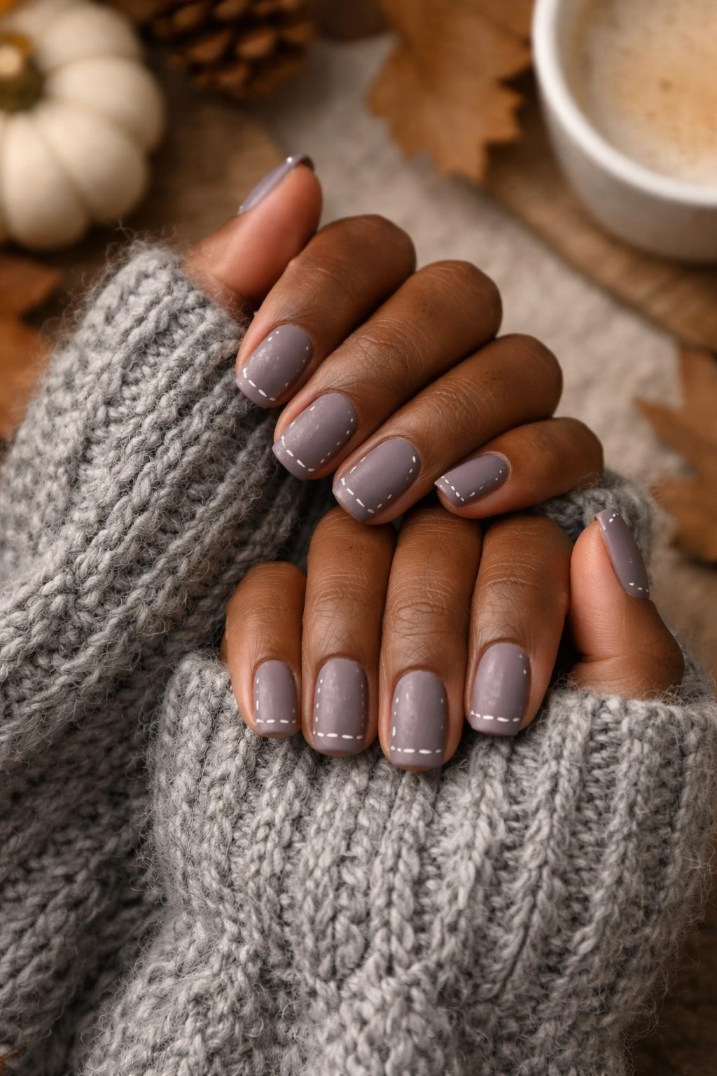 Image Prompt: Overhead view of black feminine hands with short nails nestled in the cuff of a chunky grey knit sweater. The nails are a muted, matte heather purple. Small, dashed white lines resembling stitching run along the tip of each nail. The mood is cozy and autumnal.