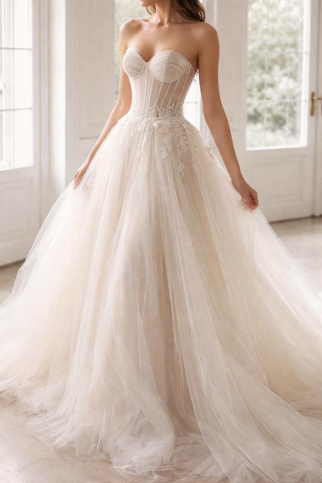 Image Prompt: A high-fashion bridal editorial photo of a wedding dress with a sheer corset bodice and soft layered tulle skirt in a bright bridal studio or elegant chapel entrance. Show the bride from the neck down only, or from a side-back angle so the face is hidden. The gown has a sheer structured bodice with tasteful lining, visible boning, delicate appliqué, and a flowing tulle skirt with airy volume. Use soft natural light, realistic tulle and sheer fabric detail, luxury editorial styling, no visible face, no text, no watermark. (no watermarks on images)