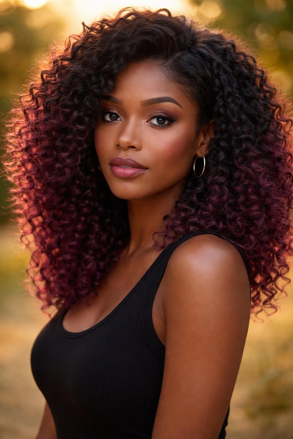 Image Prompt: A beautiful Black woman with voluminous curly hair, dark natural roots blending into plum ombré ends, bouncy defined curls, deep brown skin, soft berry-toned makeup, black sleeveless top, outdoor golden-hour lighting, softly blurred natural background, beauty editorial portrait, realistic DSLR quality, visible smooth color transition from dark roots to plum ends, no text, (no watermarks on images)