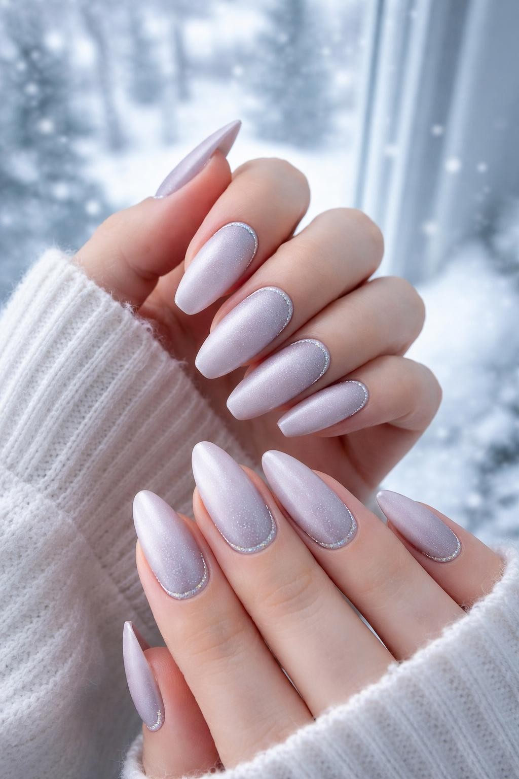 Image Prompt: Bird's-eye view of hands with long, oval nails posed against a snowy window backdrop. The nails are a frosty, matte lilac-silver. A thin, precise line of fine holographic glitter outlines the cuticle of each nail. The light is cool and bright.