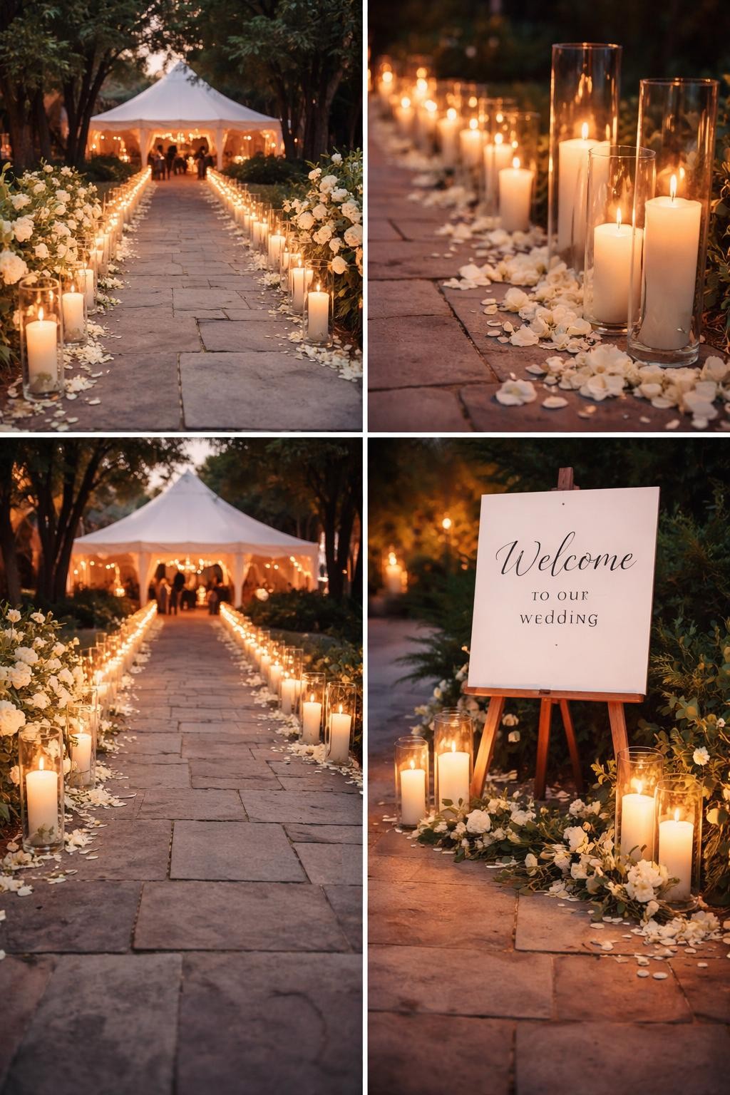 Image Prompt: A professional 4-grid wedding decor collage showing a candle-lined wedding entrance walkway, top-left image featuring a stone walkway bordered with tall glass hurricane candles and white flower arrangements, top-right image showing close-up candles glowing beside scattered petals, bottom-left image showing the walkway leading into a tented wedding reception, bottom-right image showing a simple welcome sign with candles and greenery around the base, warm evening light, elegant wedding atmosphere, no people, no faces, no watermarks on images.