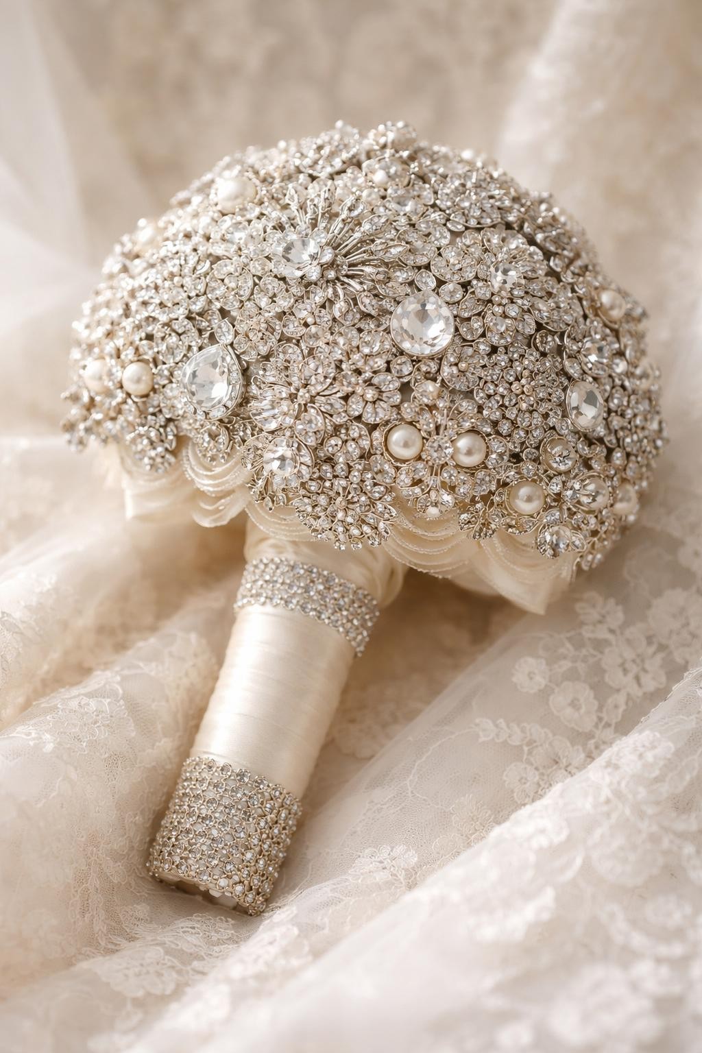 Detailed Image Prompt: A glamorous brooch wedding bouquet with no flowers, made from vintage silver brooches, crystal pins, pearl accents, rhinestone clusters, and soft ivory ribbon around the handle, displayed on a lace bridal gown fabric background, close-up editorial wedding photo, elegant sparkle, no face, no hands, no people, soft natural light, highly detailed, realistic DSLR photography, no watermarks on images.