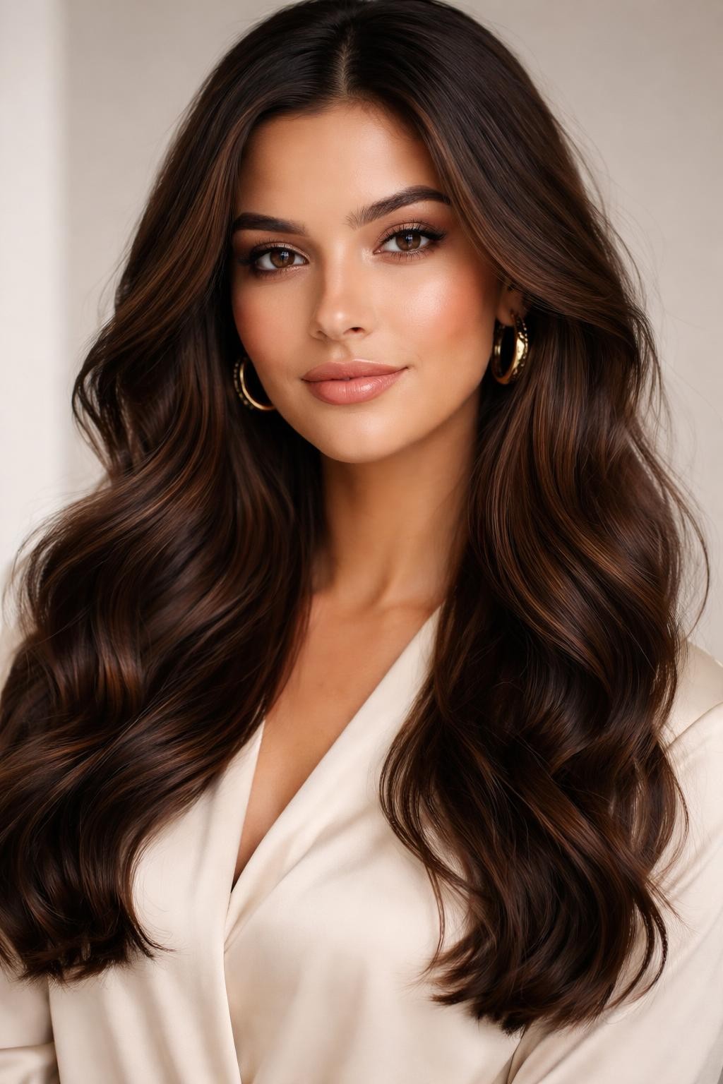 Image Prompt: A beautiful brunette woman with long chocolate brown hair and soft brunette lowlights, rich medium-brown base with deeper brown pieces through the lower layers, loose glossy waves, warm medium skin tone, natural makeup, glossy nude lips, gold hoop earrings, cream blouse, clean neutral studio setting, soft diffused lighting, realistic DSLR beauty editorial portrait, detailed lowlight depth and brunette shine, no text, (no watermarks on images)