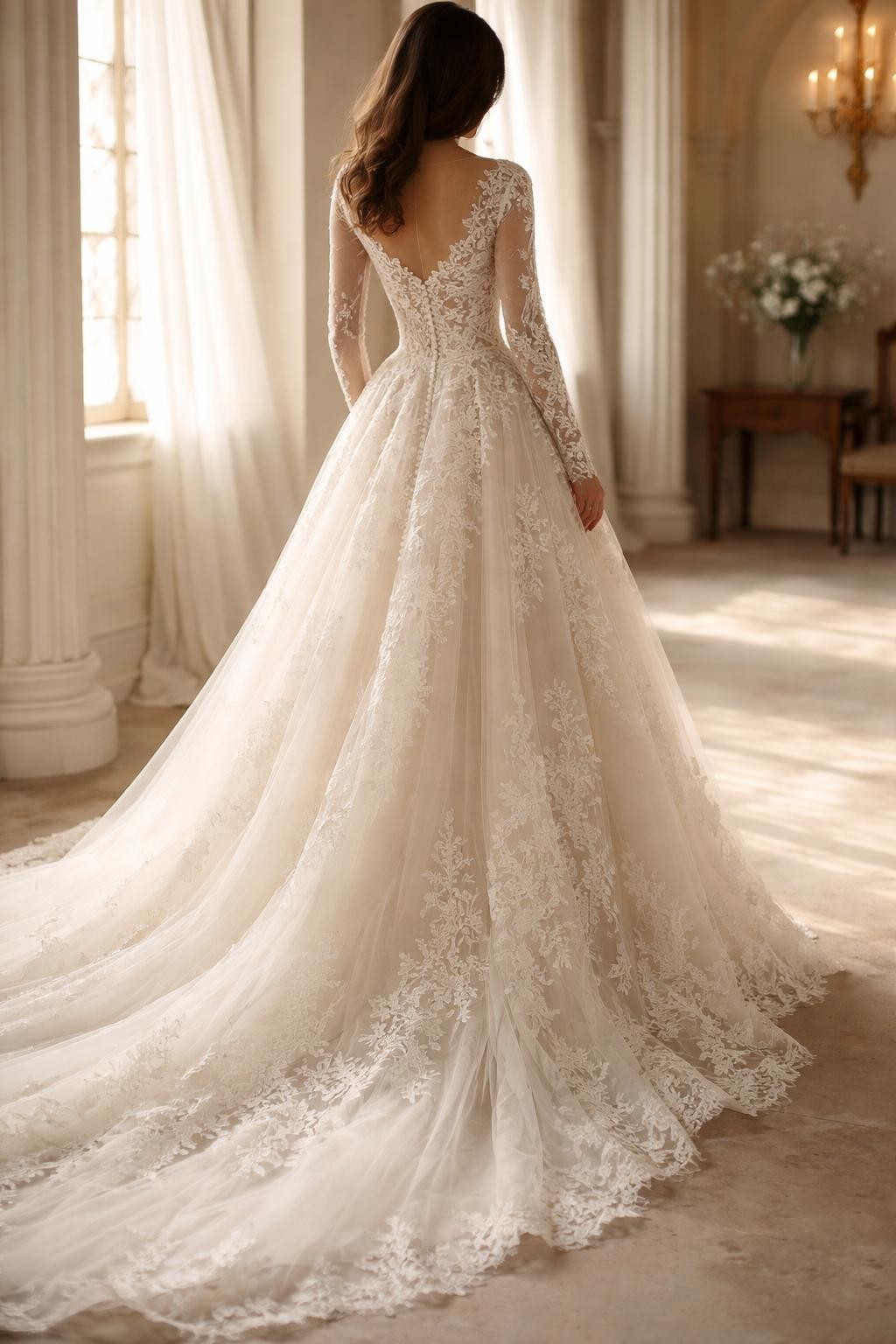 Image Prompt: A high-end bridal editorial photo of a long sleeve floral lace A-line wedding dress in a softly lit church or elegant bridal studio. Show the bride from the neck down only, or from a back three-quarter angle so the face is fully hidden. The gown features delicate floral lace, a fitted bodice, a modest neckline, and a soft flowing A-line skirt with a graceful train. Use natural light, refined bridal styling, realistic lace texture, luxury magazine quality, no visible face, no text, no watermark. (no watermarks on images)