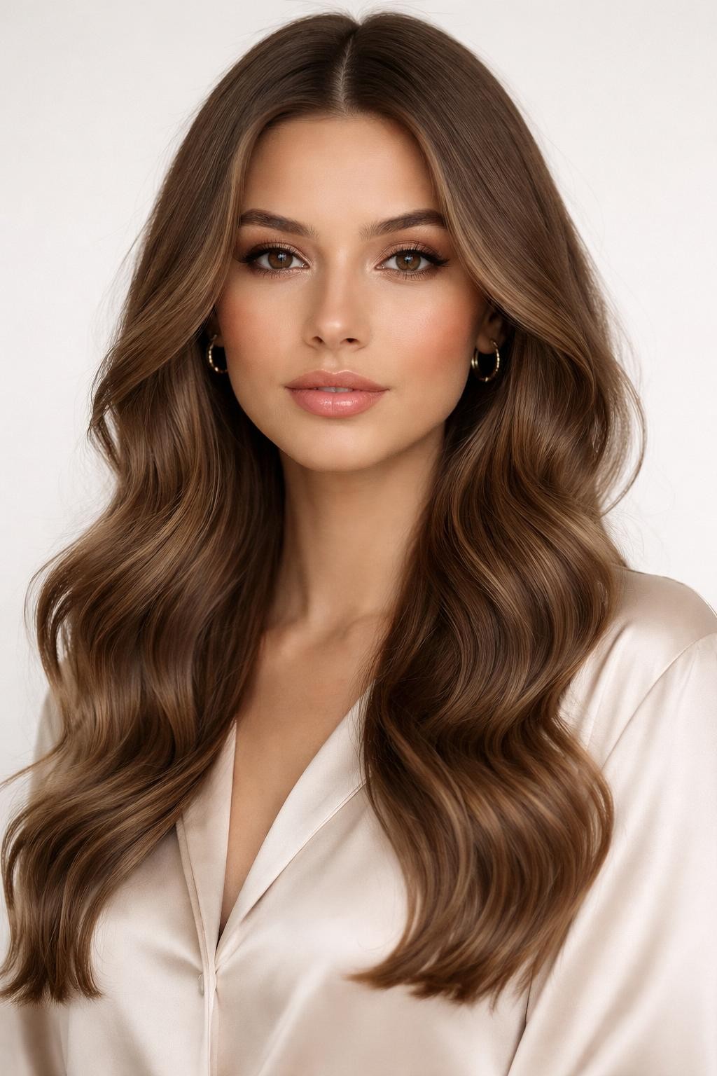 Image Prompt: A beautiful woman with neutral skin tone and long beige brown wavy hair, soft medium-brown shade with beige undertones, center part, loose glossy waves, fresh natural makeup, glossy nude lips, small gold hoop earrings, cream satin blouse, clean neutral studio background, soft diffused lighting, realistic DSLR beauty editorial portrait, detailed smooth brunette shine and soft wave texture, no text, (no watermarks on images)
