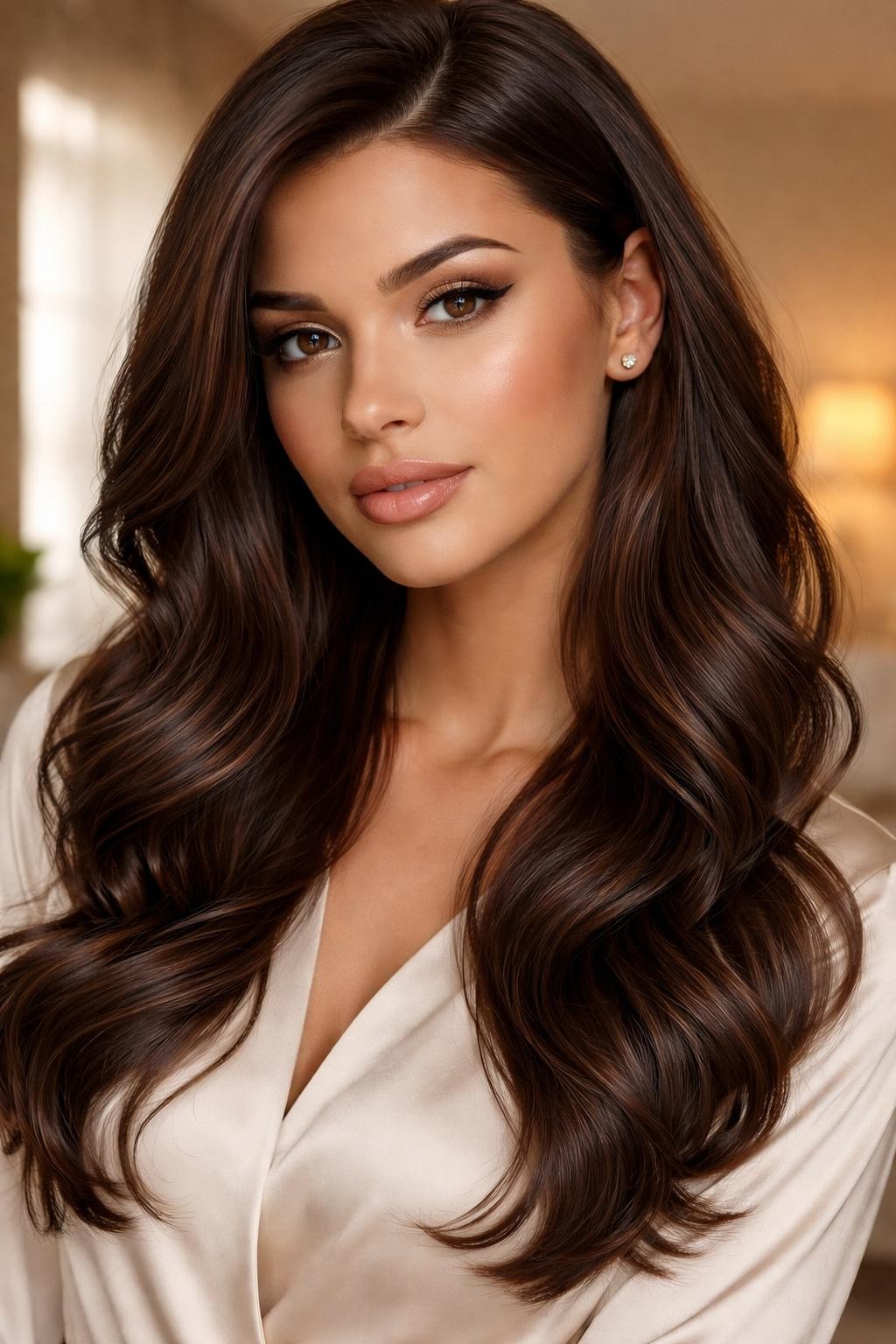 Image Prompt: A beautiful woman with neutral skin tone and long chocolate brown hair, rich medium-dark brown shade with soft warm undertones, side part, smooth loose curls, natural glam makeup, nude glossy lips, gold studs, ivory blouse, cozy indoor background, soft warm lighting, realistic DSLR beauty portrait, detailed chocolate brunette shine and curl movement, no text, (no watermarks on images)