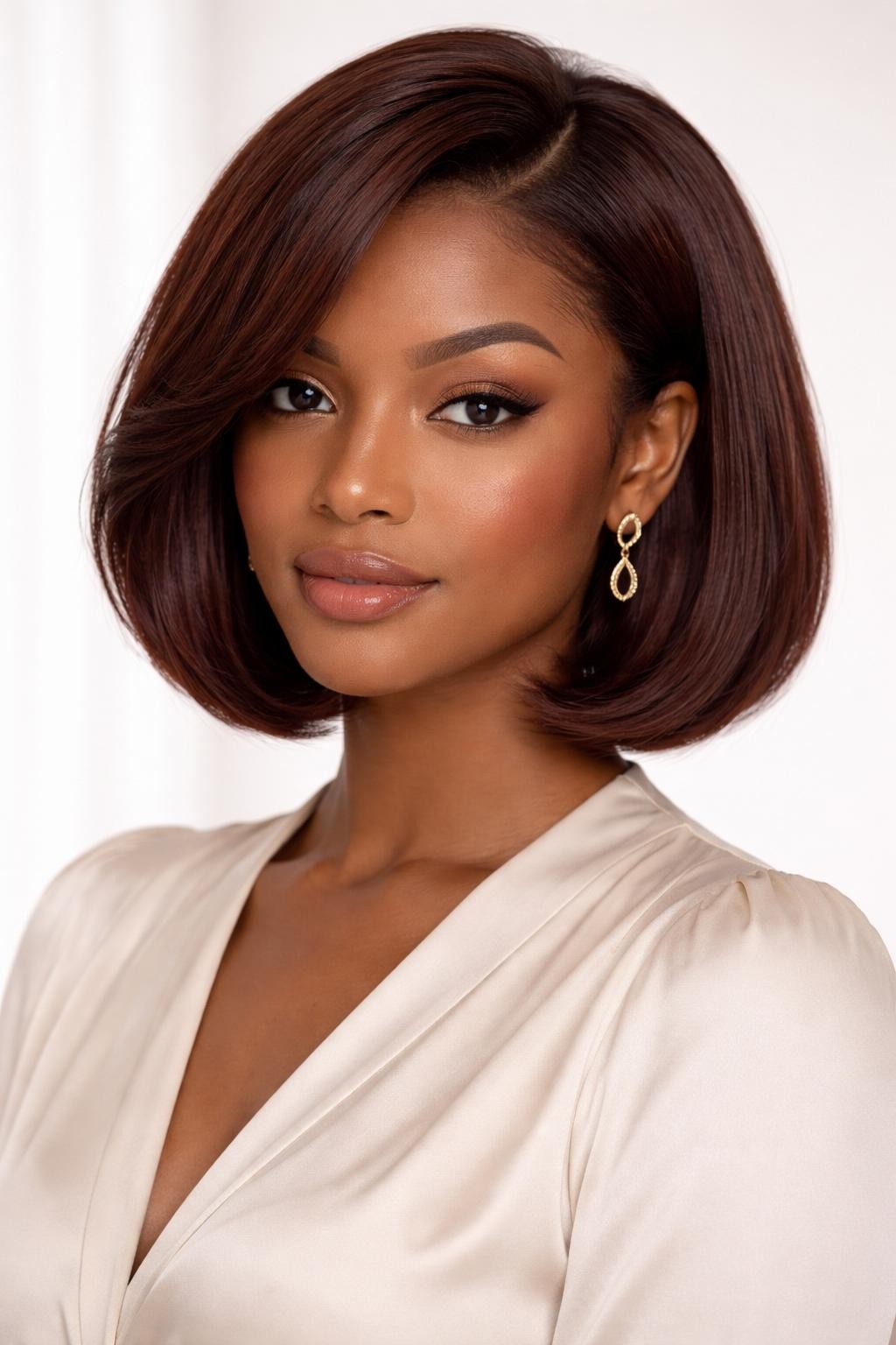 Image Prompt: A pretty Black woman with a chin-length bob dyed mahogany reddish brown, smooth rounded bob shape with a soft bend at the ends, glossy finish, side part, deep warm red-brown color, medium-deep brown skin, fresh natural makeup, gold earrings, ivory blouse, bright clean studio background, soft flattering lighting, realistic beauty editorial photography, detailed hair shine, no text, (no watermarks on images)
